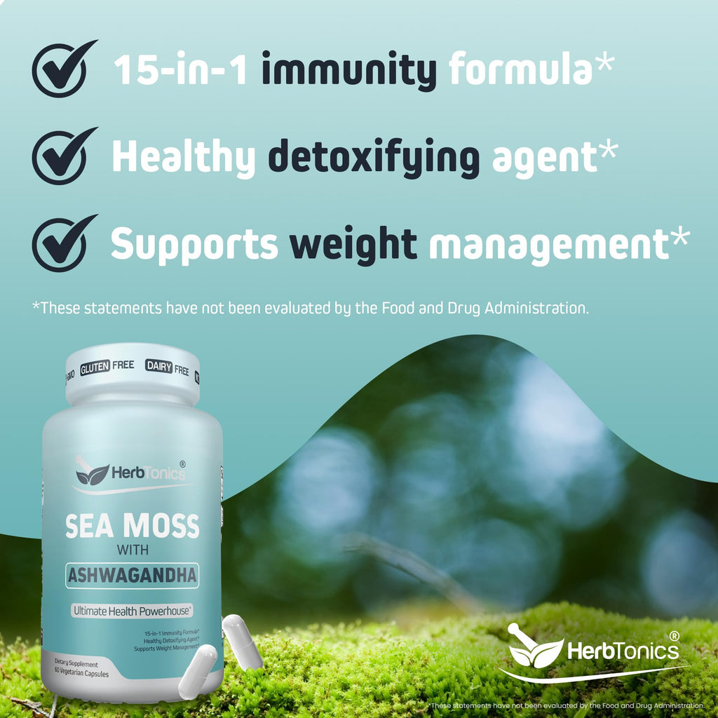 Herbtonics Sea Moss, Black Cumin Seed, Ashwagandha, Burdock Root & ACV Complex | Manage Immunity, Stress & Digestion Support | 60 Capsules (2 Capsules Per Serving) - TrustMedUSA