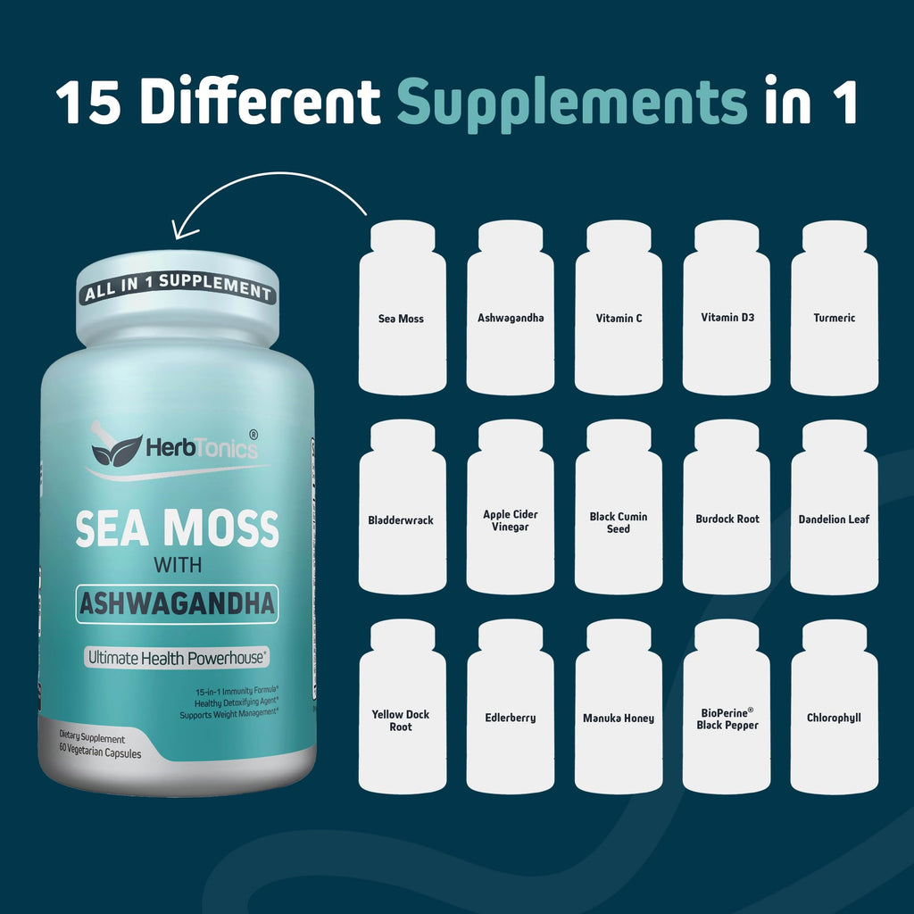 Herbtonics Sea Moss, Black Cumin Seed, Ashwagandha, Burdock Root & ACV Complex | Manage Immunity, Stress & Digestion Support | 60 Capsules (2 Capsules Per Serving) - TrustMedUSA