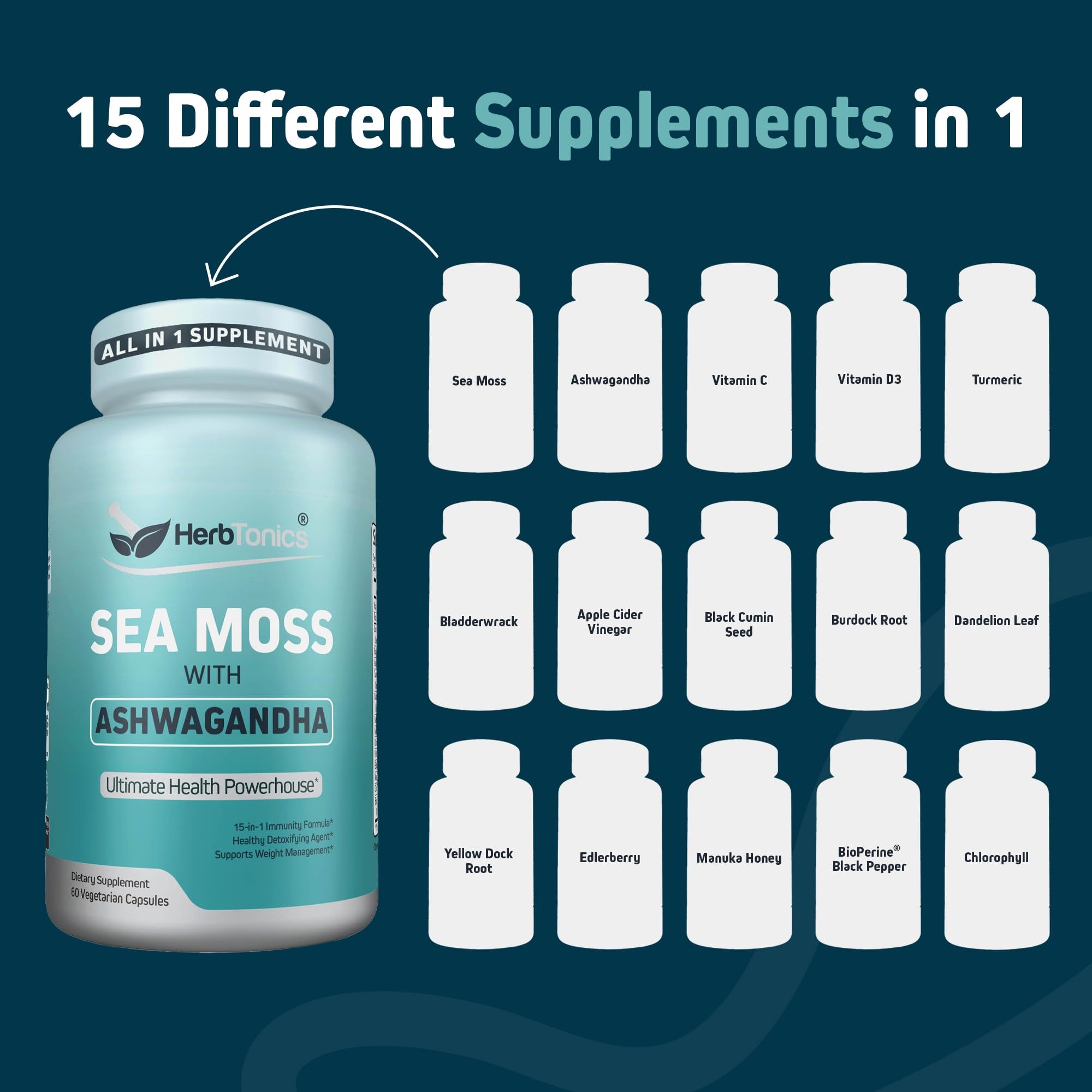 Herbtonics Sea Moss, Black Cumin Seed, Ashwagandha, Burdock Root & ACV Complex | Manage Immunity, Stress & Digestion Support | 60 Capsules (2 Capsules Per Serving) - TrustMedUSA