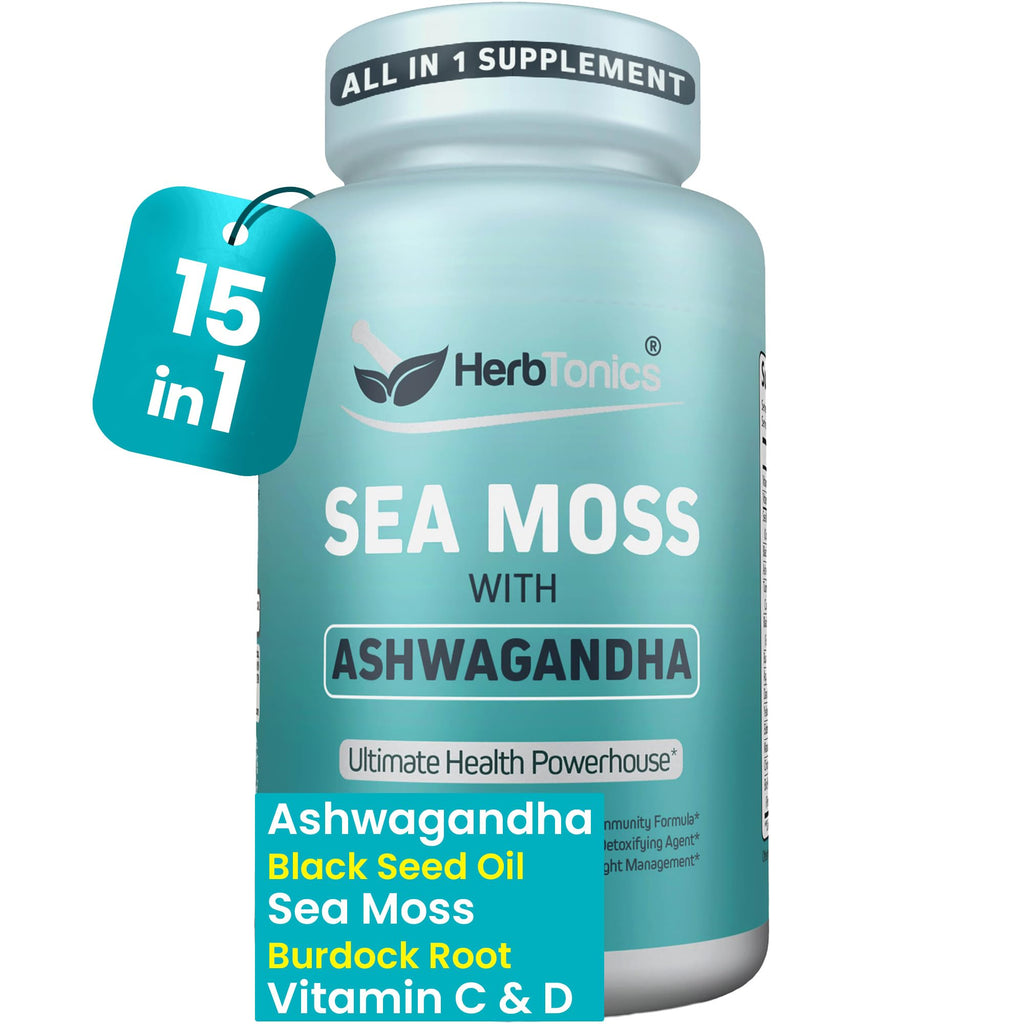 Herbtonics Sea Moss, Black Cumin Seed, Ashwagandha, Burdock Root & ACV Complex | Manage Immunity, Stress & Digestion Support | 60 Capsules (2 Capsules Per Serving) - TrustMedUSA