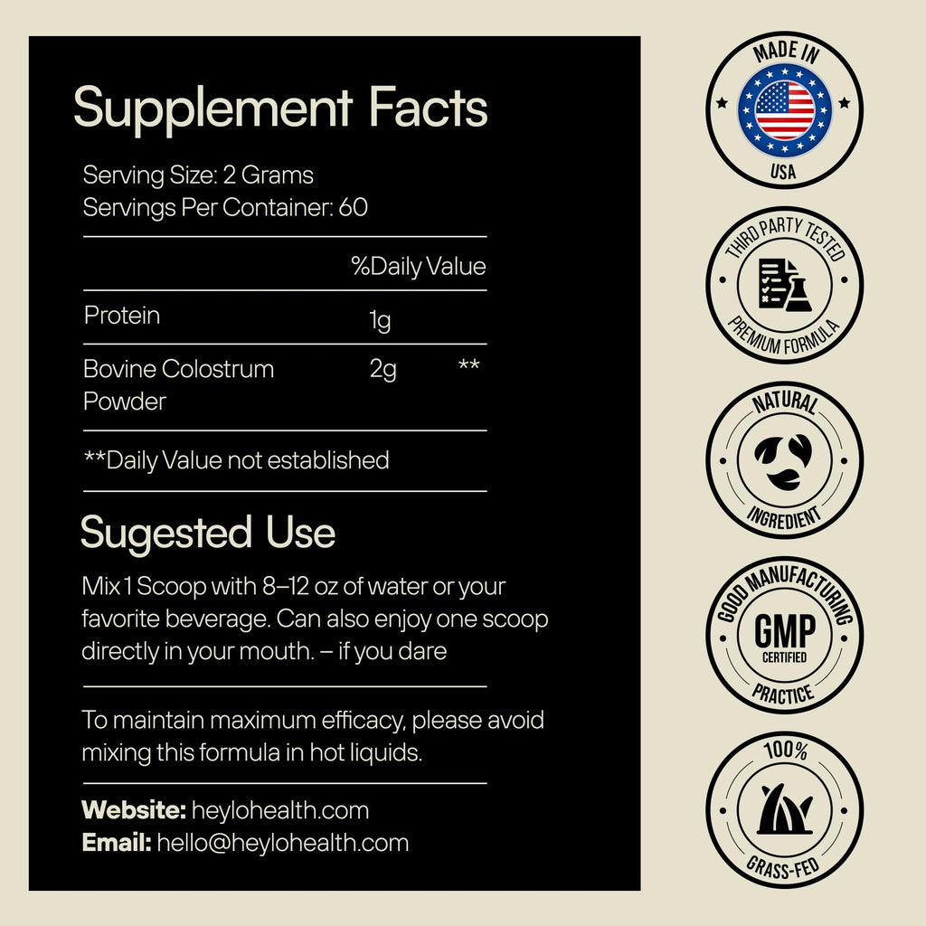 Heylo Premium Colostrum Powder – 100% Pure, Grass-Fed Bovine 40% IgG Supplement, Natural Gut Health Bloating Immunity Skin & Hair, Muscle Recovery, Rich in Immunoglobulins, 60 Servings - TrustMedUSA