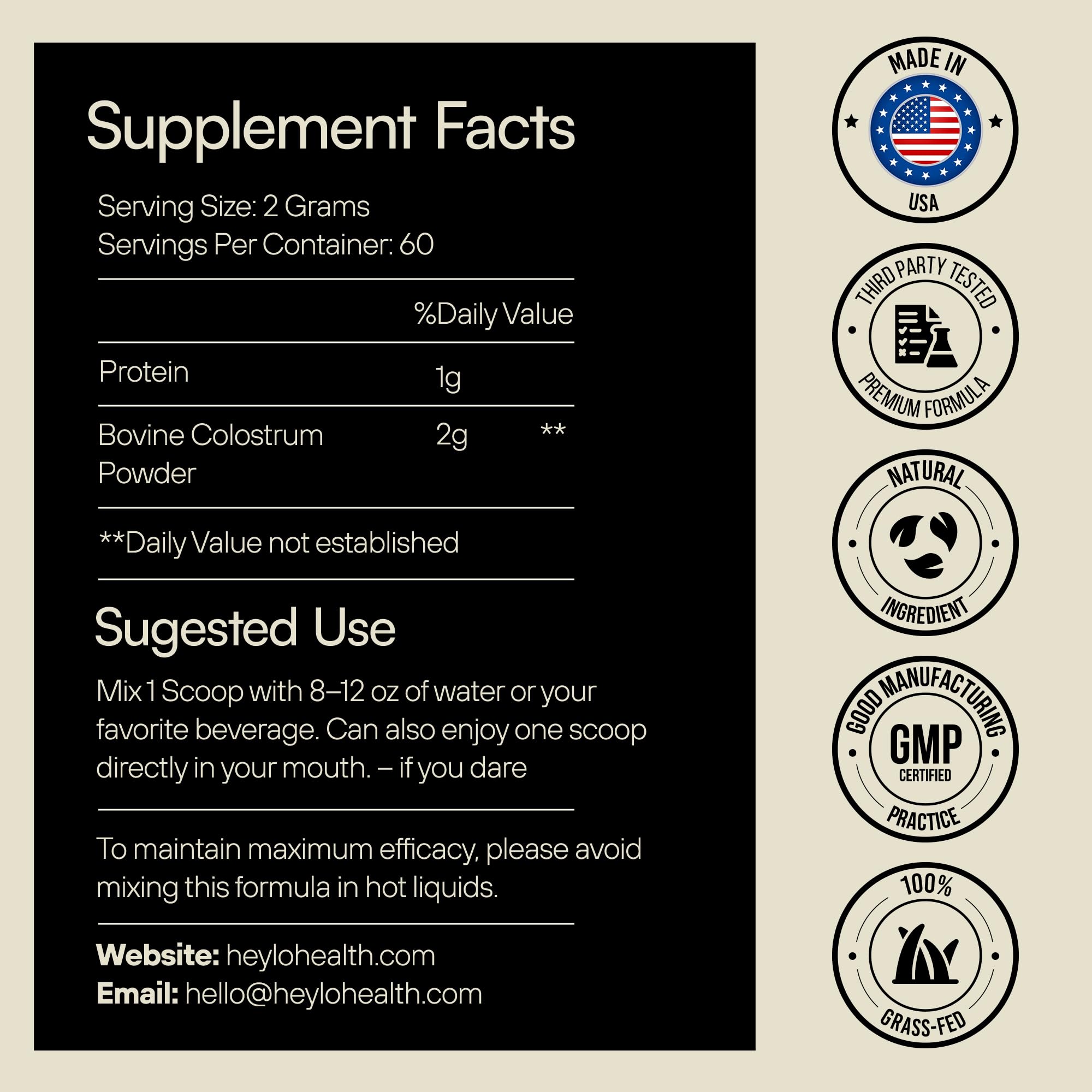 Heylo Premium Colostrum Powder – 100% Pure, Grass-Fed Bovine 40% IgG Supplement, Natural Gut Health Bloating Immunity Skin & Hair, Muscle Recovery, Rich in Immunoglobulins, 60 Servings - TrustMedUSA