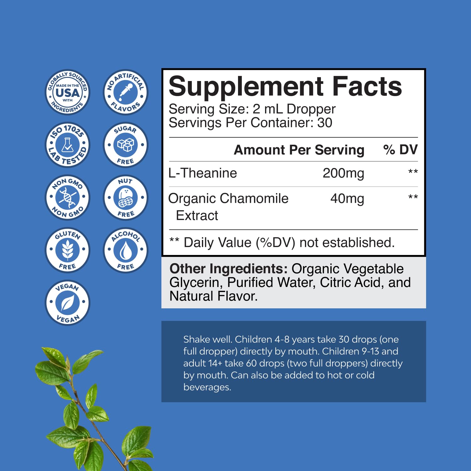 High Absorption L-Theanine Liquid Drops - Nootropic Focus Supplement with L Theanine 200mg Per Serving and Chamomile Extract Supplement for Adults and Kids Relaxation and Focus - 2 Fl Oz - TrustMedUSA