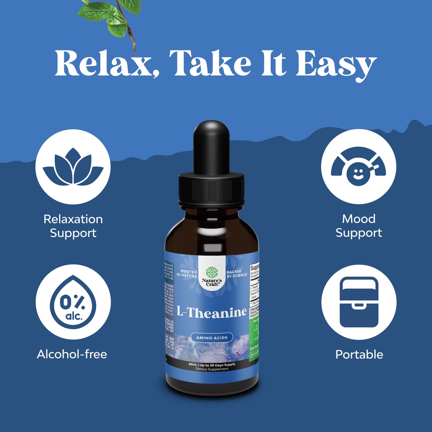 High Absorption L-Theanine Liquid Drops - Nootropic Focus Supplement with L Theanine 200mg Per Serving and Chamomile Extract Supplement for Adults and Kids Relaxation and Focus - 2 Fl Oz - TrustMedUSA