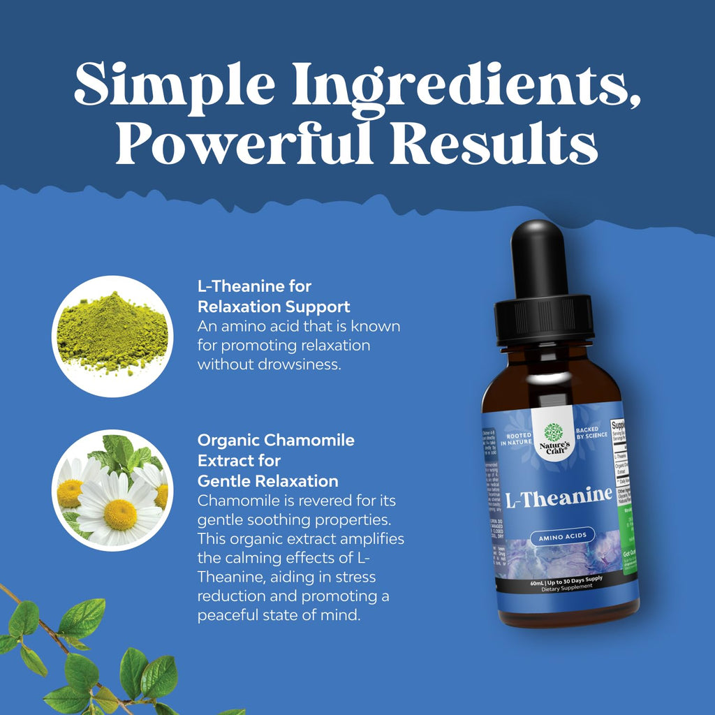 High Absorption L-Theanine Liquid Drops - Nootropic Focus Supplement with L Theanine 200mg Per Serving and Chamomile Extract Supplement for Adults and Kids Relaxation and Focus - 2 Fl Oz - TrustMedUSA