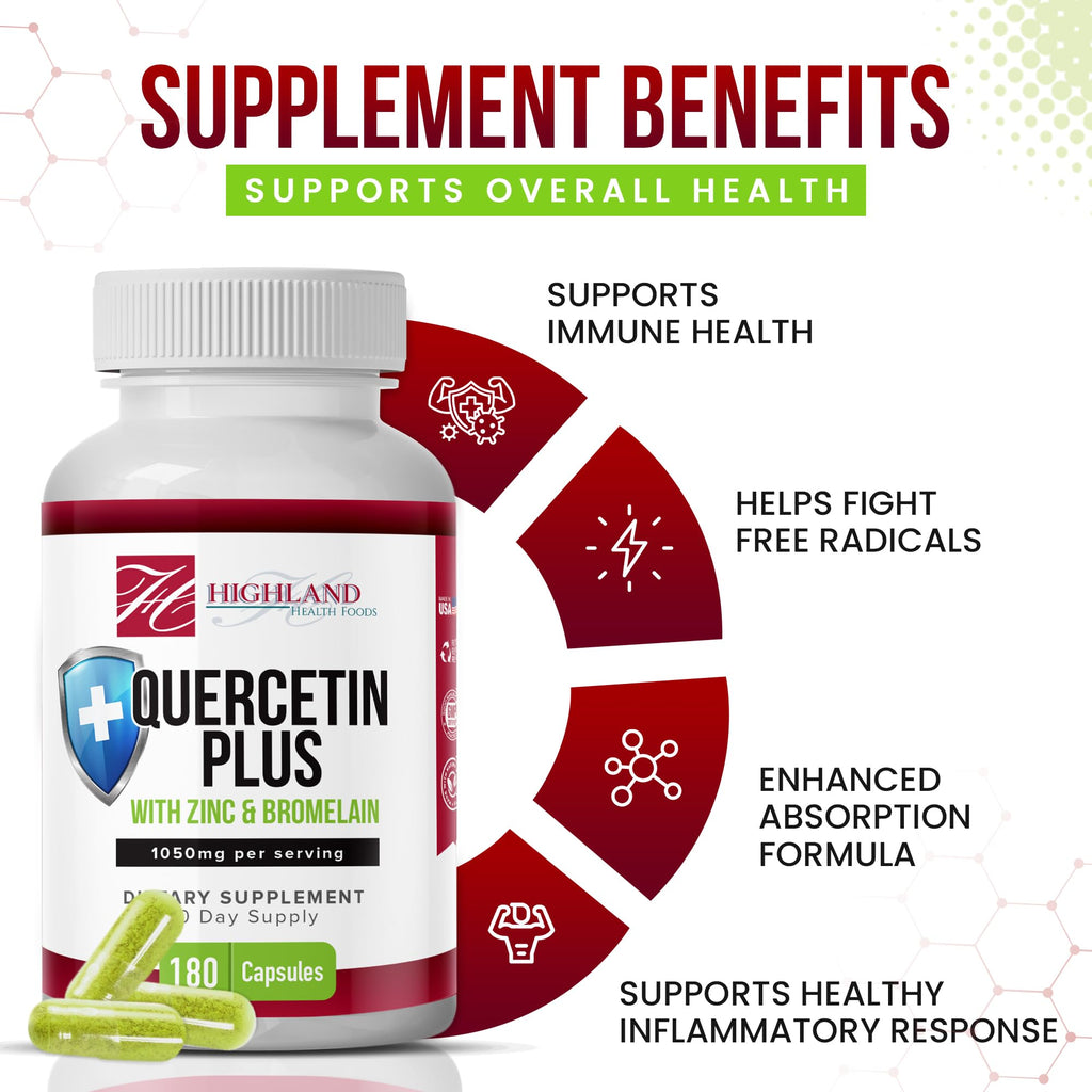 Highland Health Foods Quercetin Plus Bromelain and Zinc 180 Capsules - Immune Support Supplement for Adults, Teens, Seniors - Quercetin with Bromelain for Immune Support - TrustMedUSA
