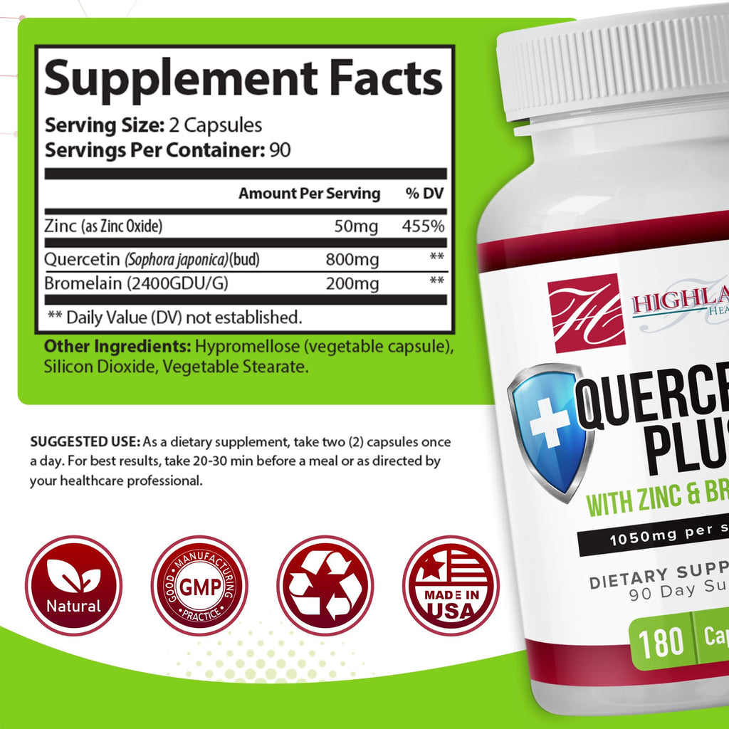 Highland Health Foods Quercetin Plus Bromelain and Zinc 180 Capsules - Immune Support Supplement for Adults, Teens, Seniors - Quercetin with Bromelain for Immune Support - TrustMedUSA