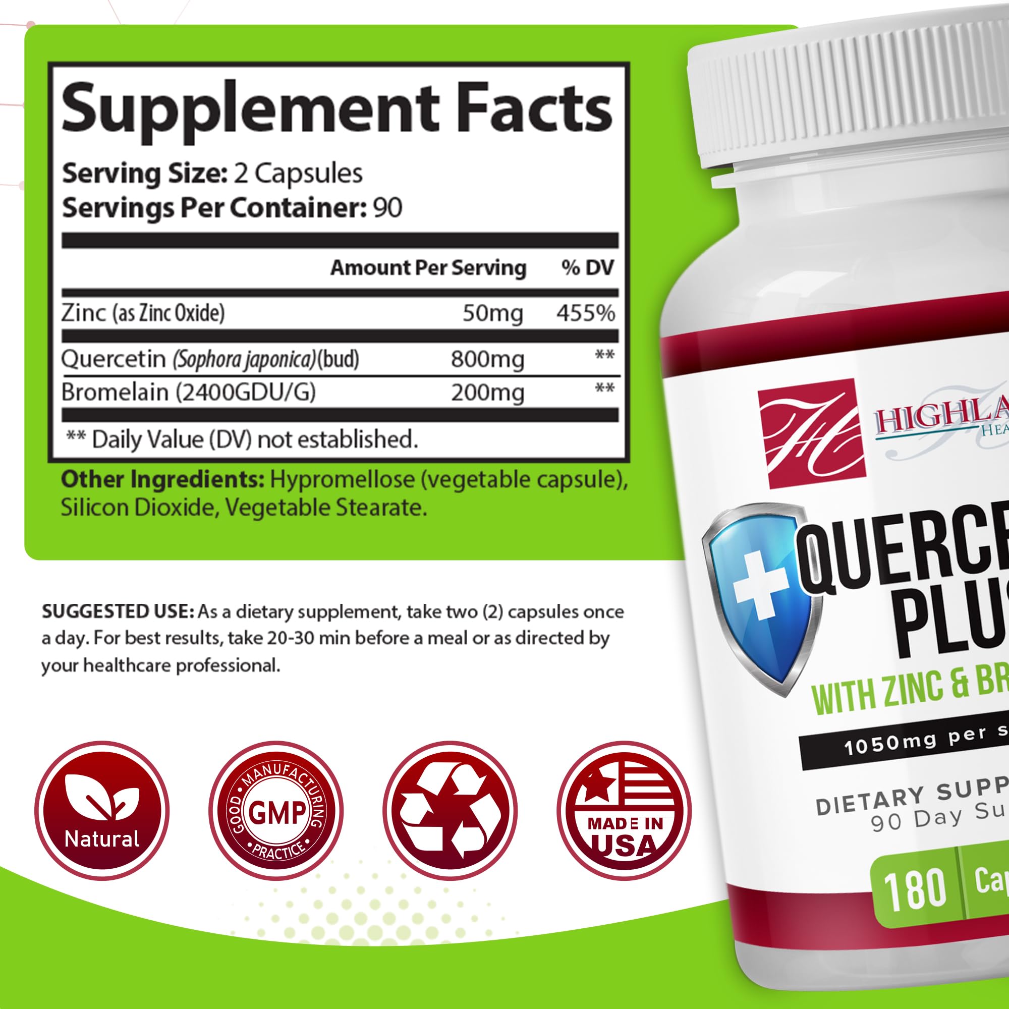 Highland Health Foods Quercetin Plus Bromelain and Zinc 180 Capsules - Immune Support Supplement for Adults, Teens, Seniors - Quercetin with Bromelain for Immune Support - TrustMedUSA