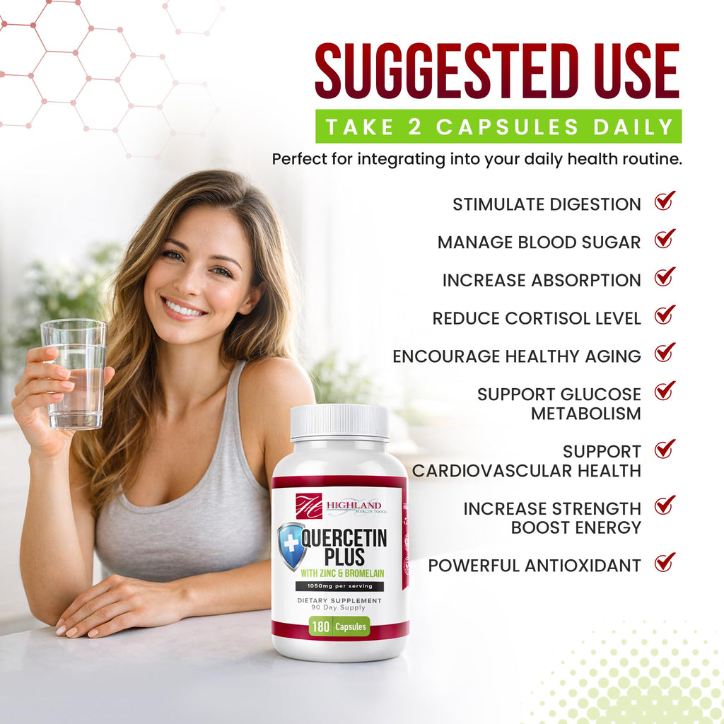 Highland Health Foods Quercetin Plus Bromelain and Zinc 180 Capsules - Immune Support Supplement for Adults, Teens, Seniors - Quercetin with Bromelain for Immune Support - TrustMedUSA