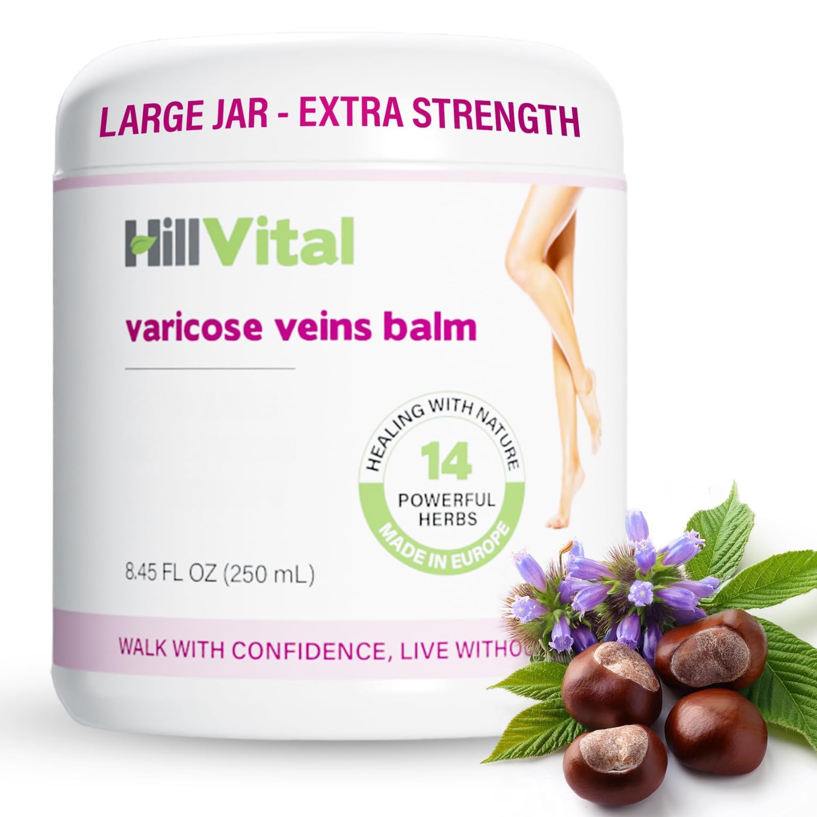 Hill Vital Natural Solutions HillVital Herbal Leg Care Balm with Horse Chestnut – Lightweight Botanical Cream for Daily Skin Care & Massage, Non-Greasy Formula for Legs & Body, 250 ml - TrustMedUSA