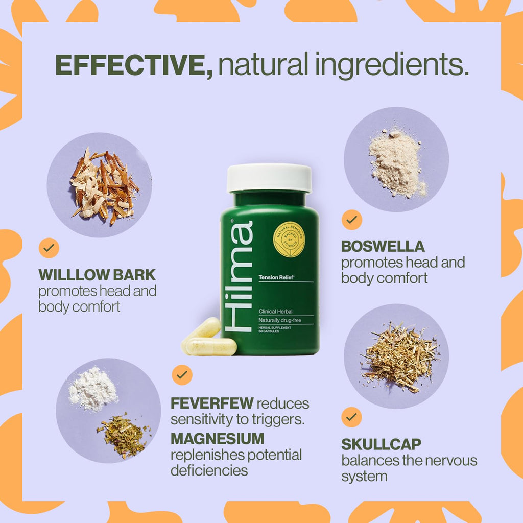 Hilma Natural Tension Headache Relief, Supplements with Magnesium, Boswellia and Feverfew, 50 Vegan Capsules - TrustMedUSA