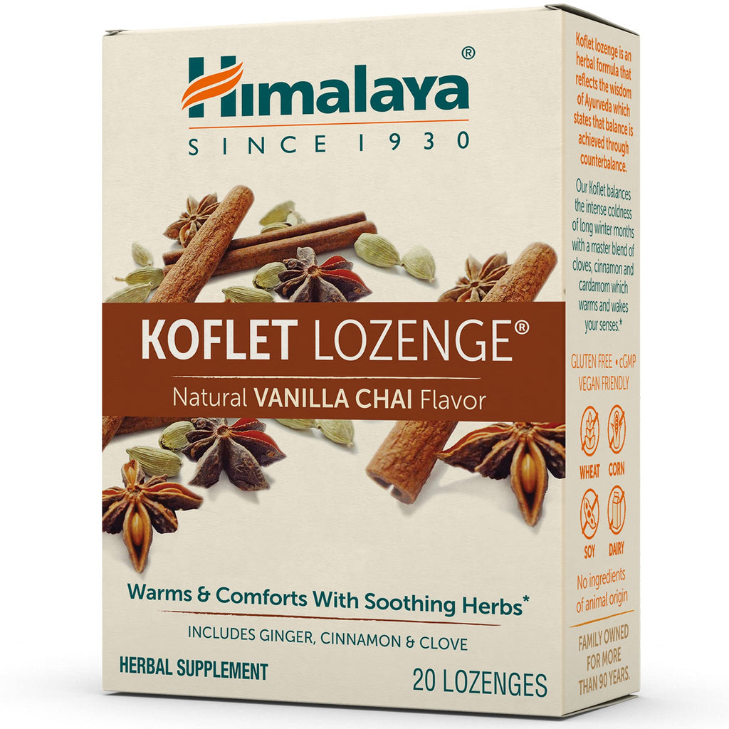 Himalaya Koflet Lozenges, Vanilla Chai Flavor, Natural Herbal Cough Drop for Warming Relief and Soothing Comfort, 130 mg, 20 Lozenge - Maple Wellness Supplements