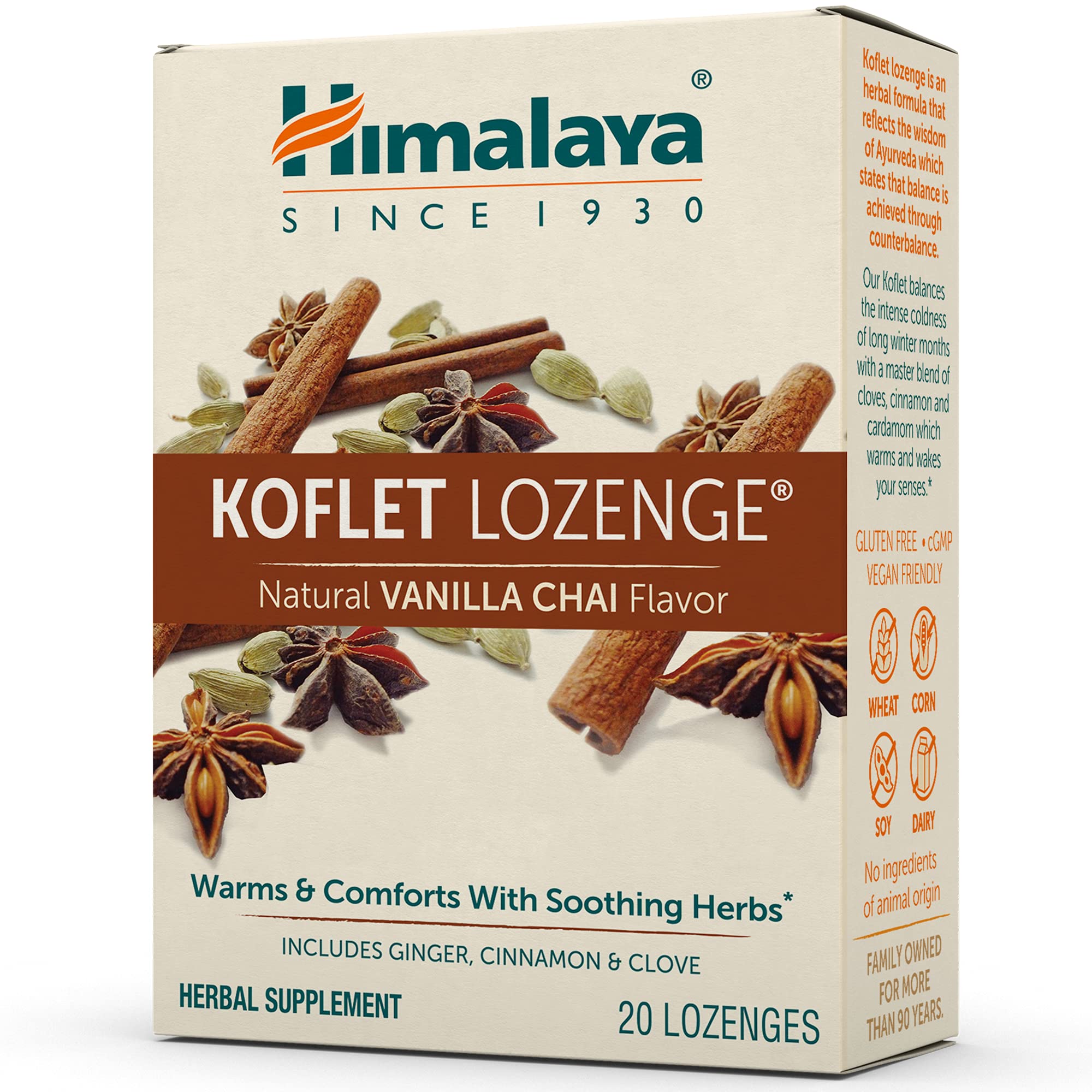 Himalaya Koflet Lozenges, Vanilla Chai Flavor, Natural Herbal Cough Drop for Warming Relief and Soothing Comfort, 130 mg, 20 Lozenge - Maple Wellness Supplements