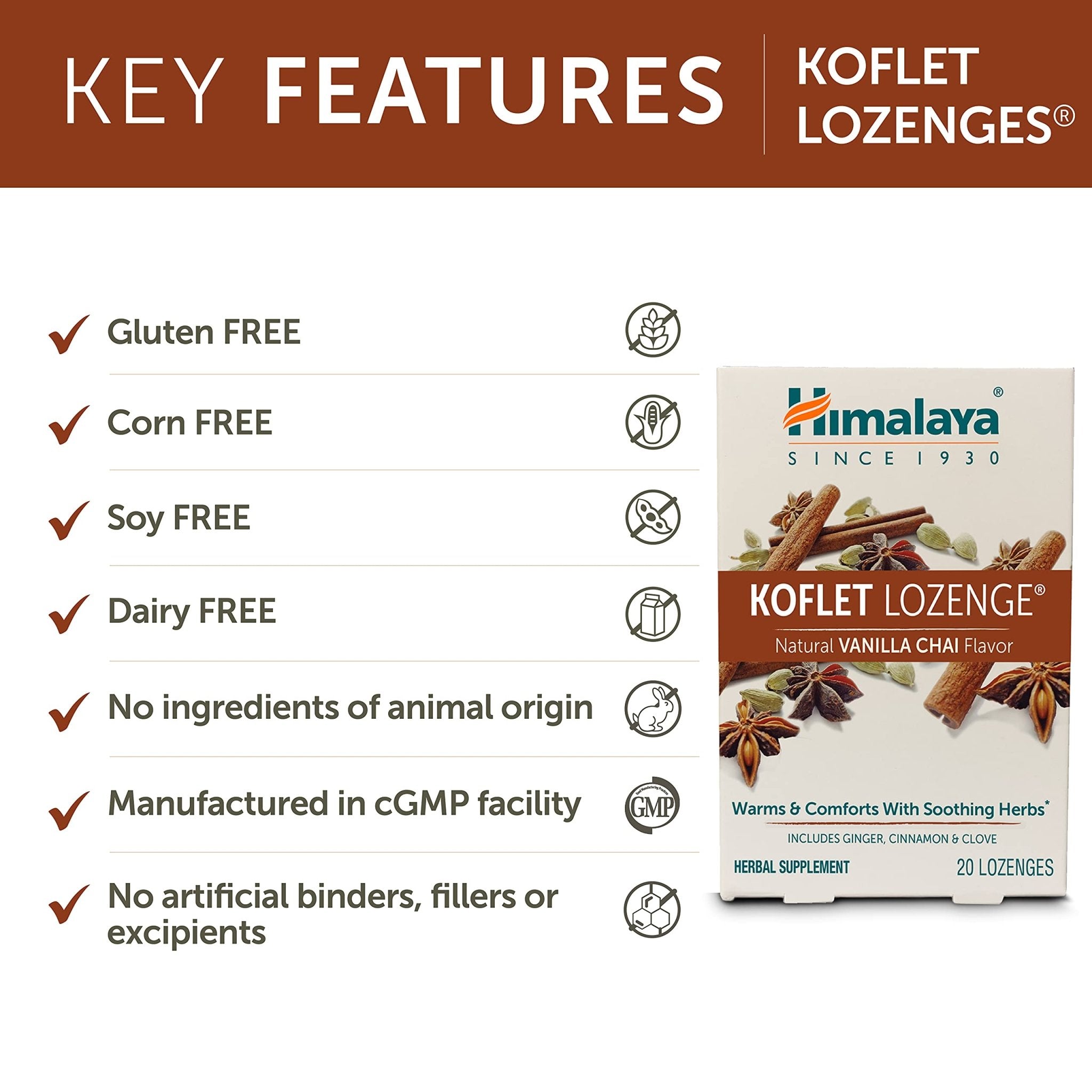 Himalaya Koflet Lozenges, Vanilla Chai Flavor, Natural Herbal Cough Drop for Warming Relief and Soothing Comfort, 130 mg, 20 Lozenge - Maple Wellness Supplements