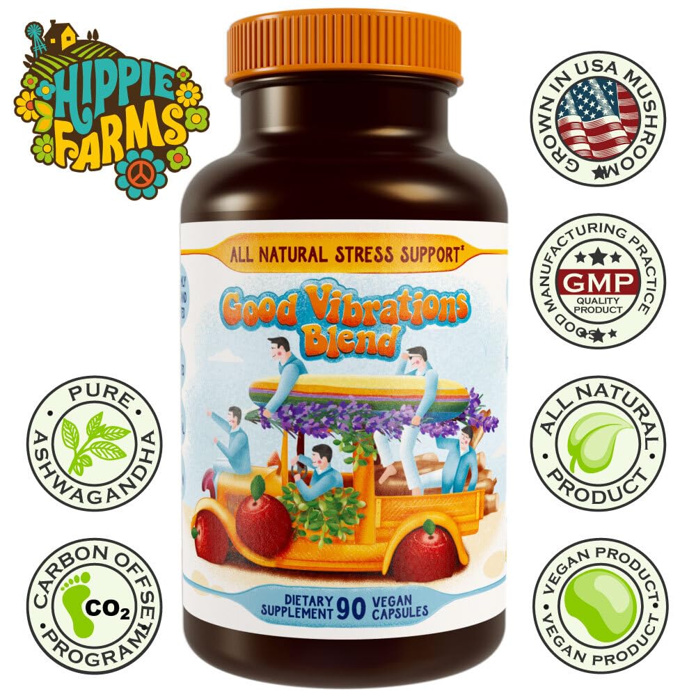 Hippie Farms Stress, Mood, Energy Support - Ashwagandha Root, Lion's Mane & More - Good Vibrations Blend - TrustMedUSA