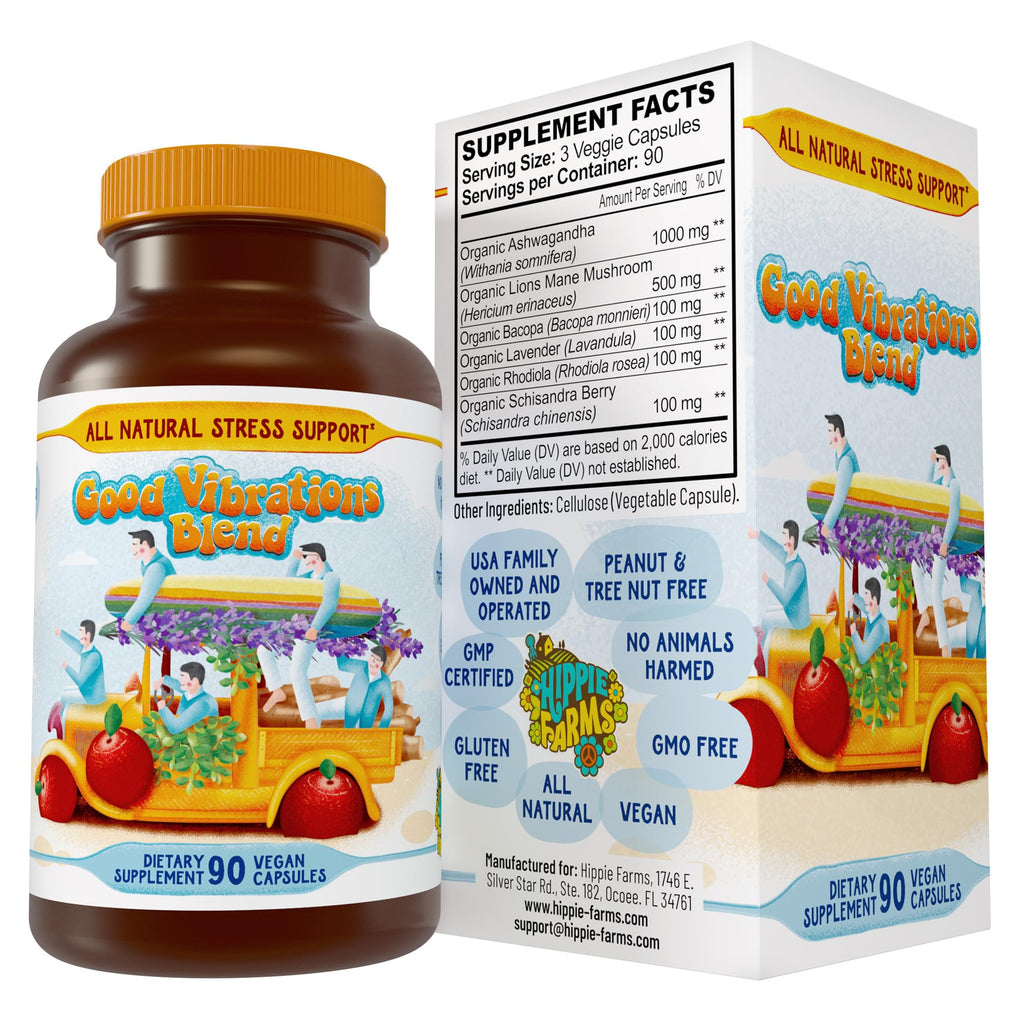 Hippie Farms Stress, Mood, Energy Support - Ashwagandha Root, Lion's Mane & More - Good Vibrations Blend - TrustMedUSA