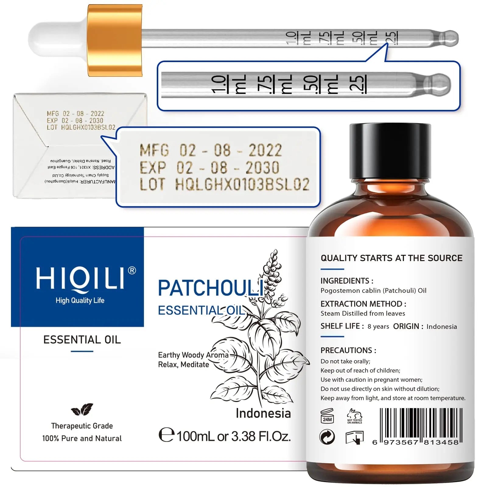 HIQILI Patchouli Essential Oil 100ML, Pure Natural, for Perfume Making, Diffuser and Skin - TrustMedUSA