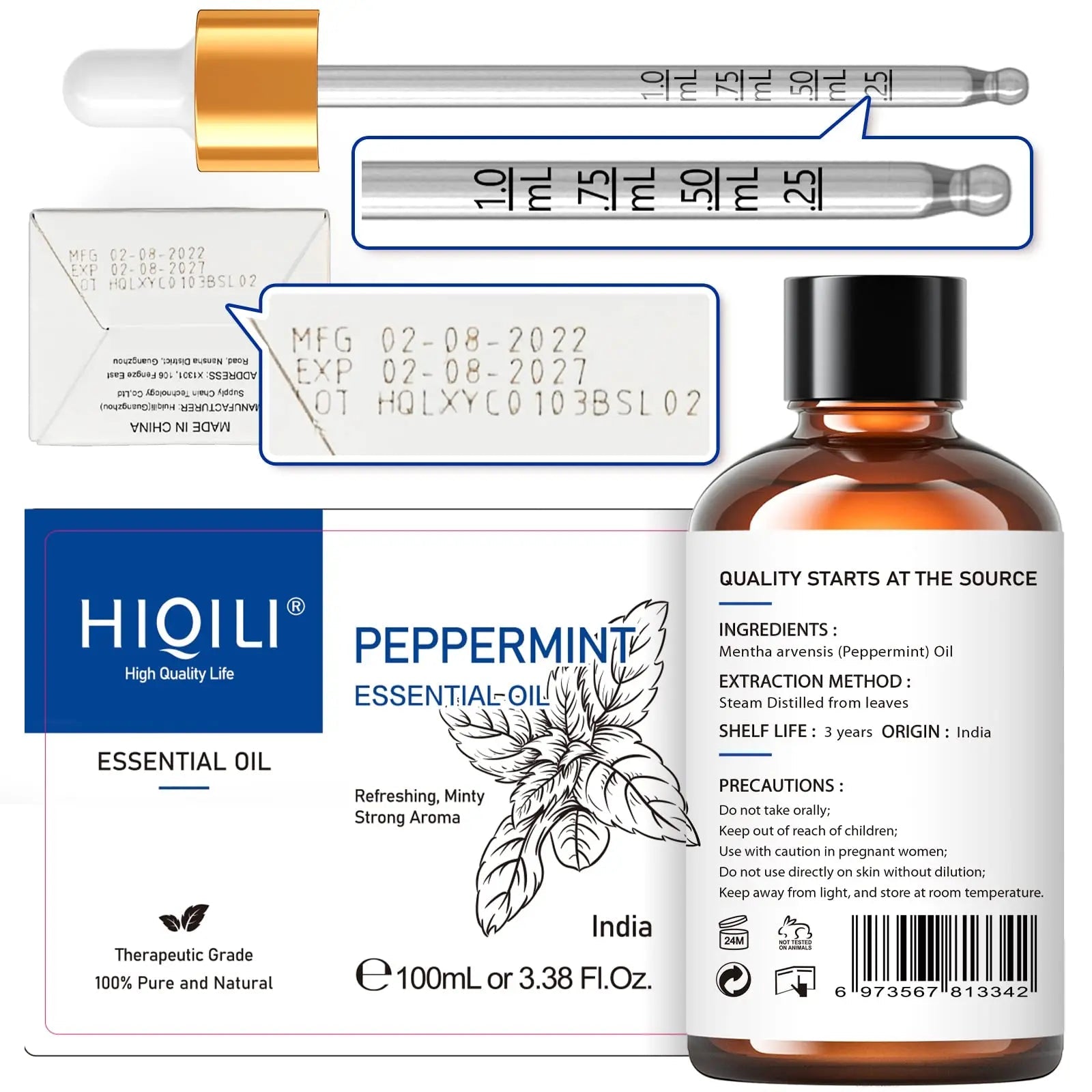 HIQILI Peppermint Oil 100ML, 100% Pure Peppermint Essential Oil Natural for Diffuser - TrustMedUSA