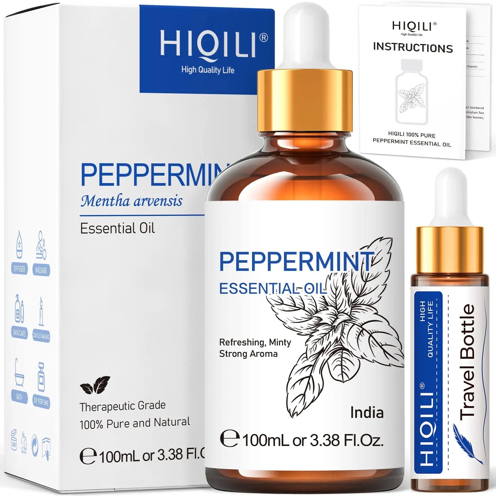 HIQILI Peppermint Oil 100ML, 100% Pure Peppermint Essential Oil Natural for Diffuser - TrustMedUSA