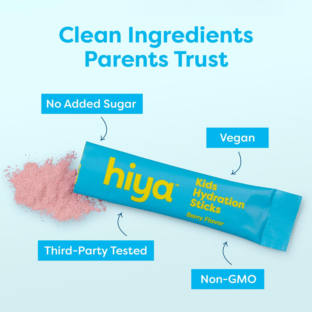 Hiya Kids Hydration with Electrolytes - Zero Added Sugar Berry Flavored Kids Hydration Packets - 15 Sticks - Travel-Friendly Drink Mix for Children Ages 2+ - TrustMedUSA