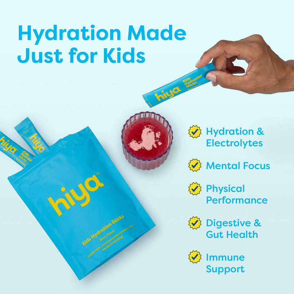 Hiya Kids Hydration with Electrolytes - Zero Added Sugar Berry Flavored Kids Hydration Packets - 15 Sticks - Travel-Friendly Drink Mix for Children Ages 2+ - TrustMedUSA