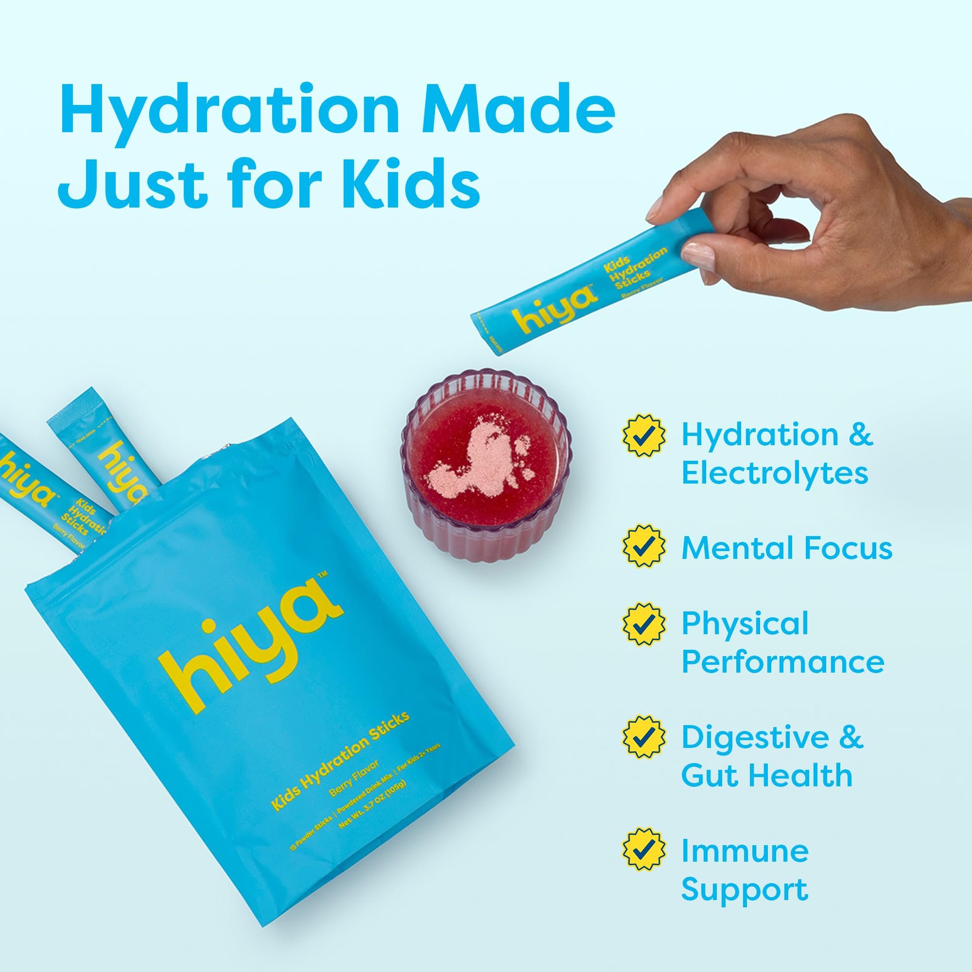 Hiya Kids Hydration with Electrolytes - Zero Added Sugar Berry Flavored Kids Hydration Packets - 15 Sticks - Travel-Friendly Drink Mix for Children Ages 2+ - TrustMedUSA