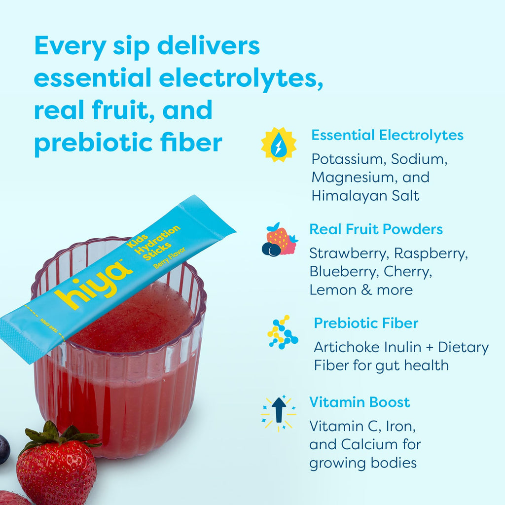 Hiya Kids Hydration with Electrolytes - Zero Added Sugar Berry Flavored Kids Hydration Packets - 15 Sticks - Travel-Friendly Drink Mix for Children Ages 2+ - TrustMedUSA