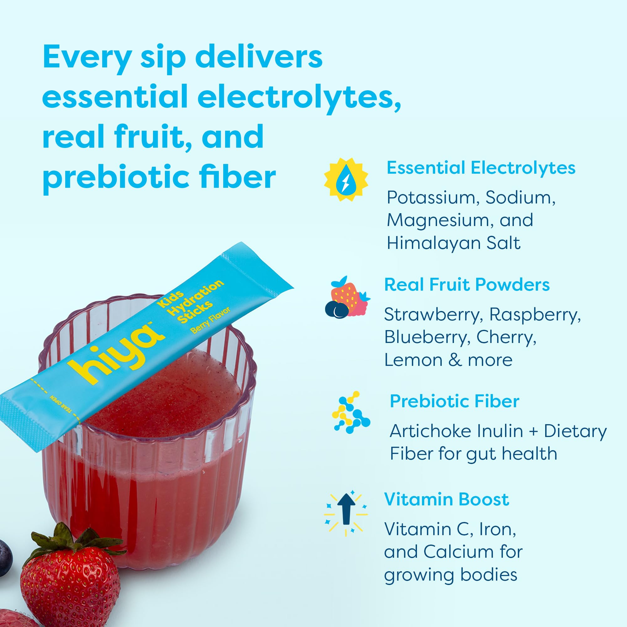 Hiya Kids Hydration with Electrolytes - Zero Added Sugar Berry Flavored Kids Hydration Packets - 15 Sticks - Travel-Friendly Drink Mix for Children Ages 2+ - TrustMedUSA