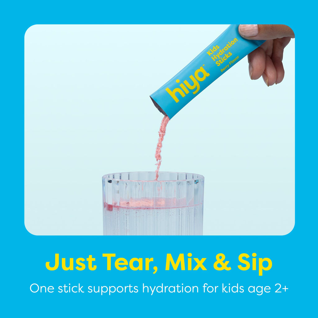 Hiya Kids Hydration with Electrolytes - Zero Added Sugar Berry Flavored Kids Hydration Packets - 15 Sticks - Travel-Friendly Drink Mix for Children Ages 2+ - TrustMedUSA