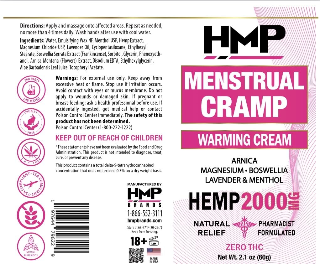 HMP BRANDS Menstrual Cramp Hemp Cream 2000MG with Menthol, Easy to Use, Natural Formula Made in USA 2.1oz - TrustMedUSA