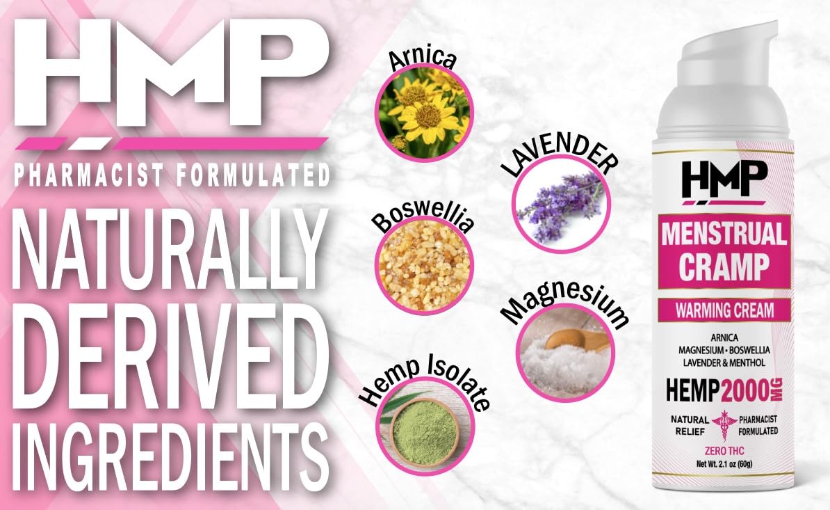 HMP BRANDS Menstrual Cramp Hemp Cream 2000MG with Menthol, Easy to Use, Natural Formula Made in USA 2.1oz - TrustMedUSA