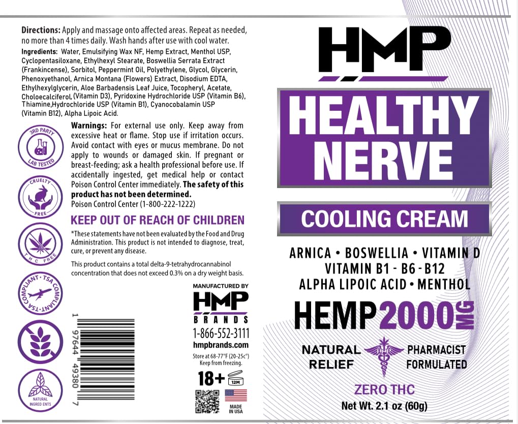 HMP BRANDS Neuropathy Cream Nerve Hemp Cream 2000mg Maximum Strength for Feet, Hands, Legs, Toes, Back. Natural Arnica, Vitamin D3 B1 B6 B12 w Menthol, Made in USA 2.1oz - TrustMedUSA