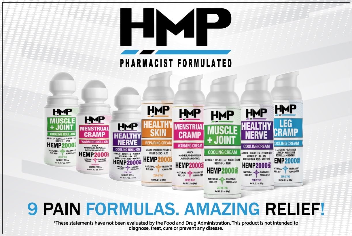 HMP Nerve Roll-On for Feet, Hands, Legs, Toes, Back 2000MG Hemp with Menthol & Arnica, Soothing Cooling Formula, Made in USA, 50ml (1 Pack) - TrustMedUSA