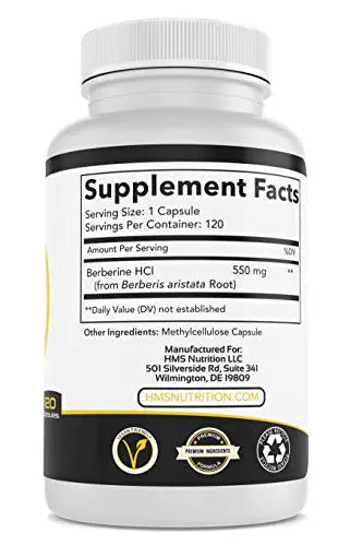HMS Nutrition 550mg Berberine HCL from Berberis Aristata Root - TrustMedUSA