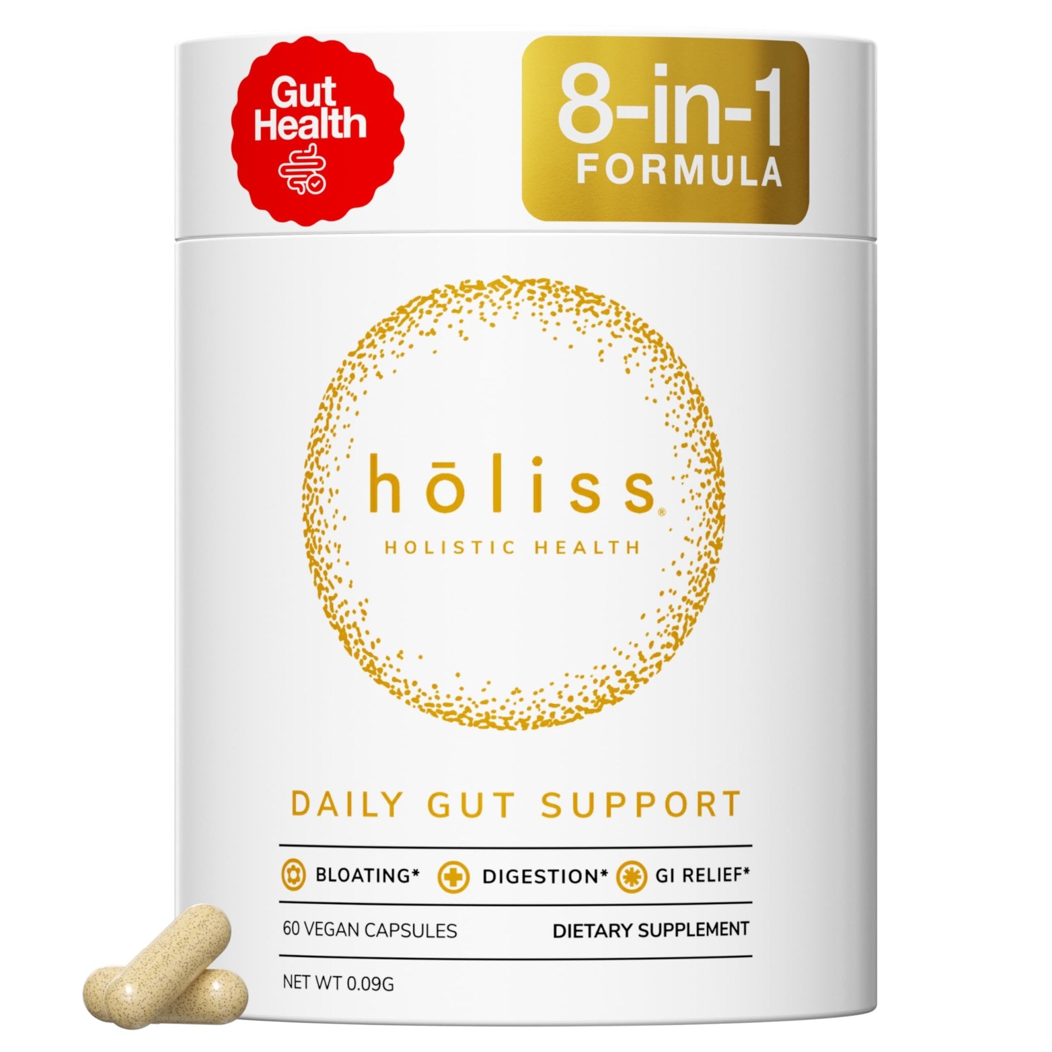HOLISS Daily Gut Health Capsules – 8-in-1 All Natural Supplement, Lemon Balm, Bloat & Gas Relief, GI Lining Repair, - TrustMedUSA