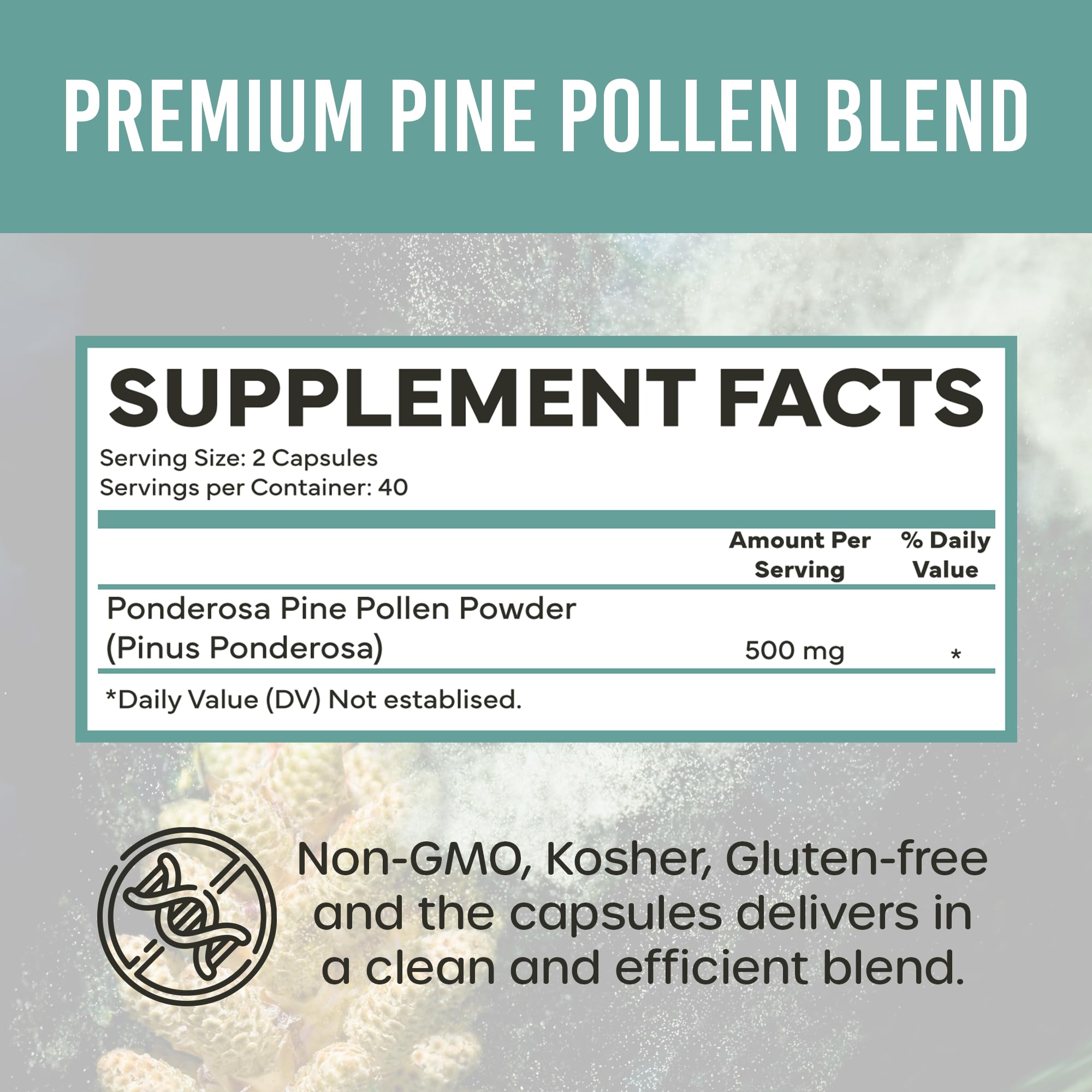 Holistic Bin Pine Pollen Capsules 500mg (Pinus Ponderosa) - Wild Harvested California Ponderosa Pine Pollen Powder - Olympic Grade - Organic, Non-GMO, No Fillers - 30 Day Supply (40 Capsules) - TrustMedUSA