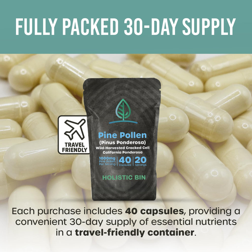 Holistic Bin Pine Pollen Capsules 500mg (Pinus Ponderosa) - Wild Harvested California Ponderosa Pine Pollen Powder - Olympic Grade - Organic, Non-GMO, No Fillers - 30 Day Supply (40 Capsules) - TrustMedUSA