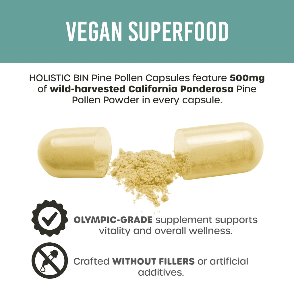 Holistic Bin Pine Pollen Capsules 500mg (Pinus Ponderosa) - Wild Harvested California Ponderosa Pine Pollen Powder - Olympic Grade - Organic, Non-GMO, No Fillers - 30 Day Supply (40 Capsules) - TrustMedUSA