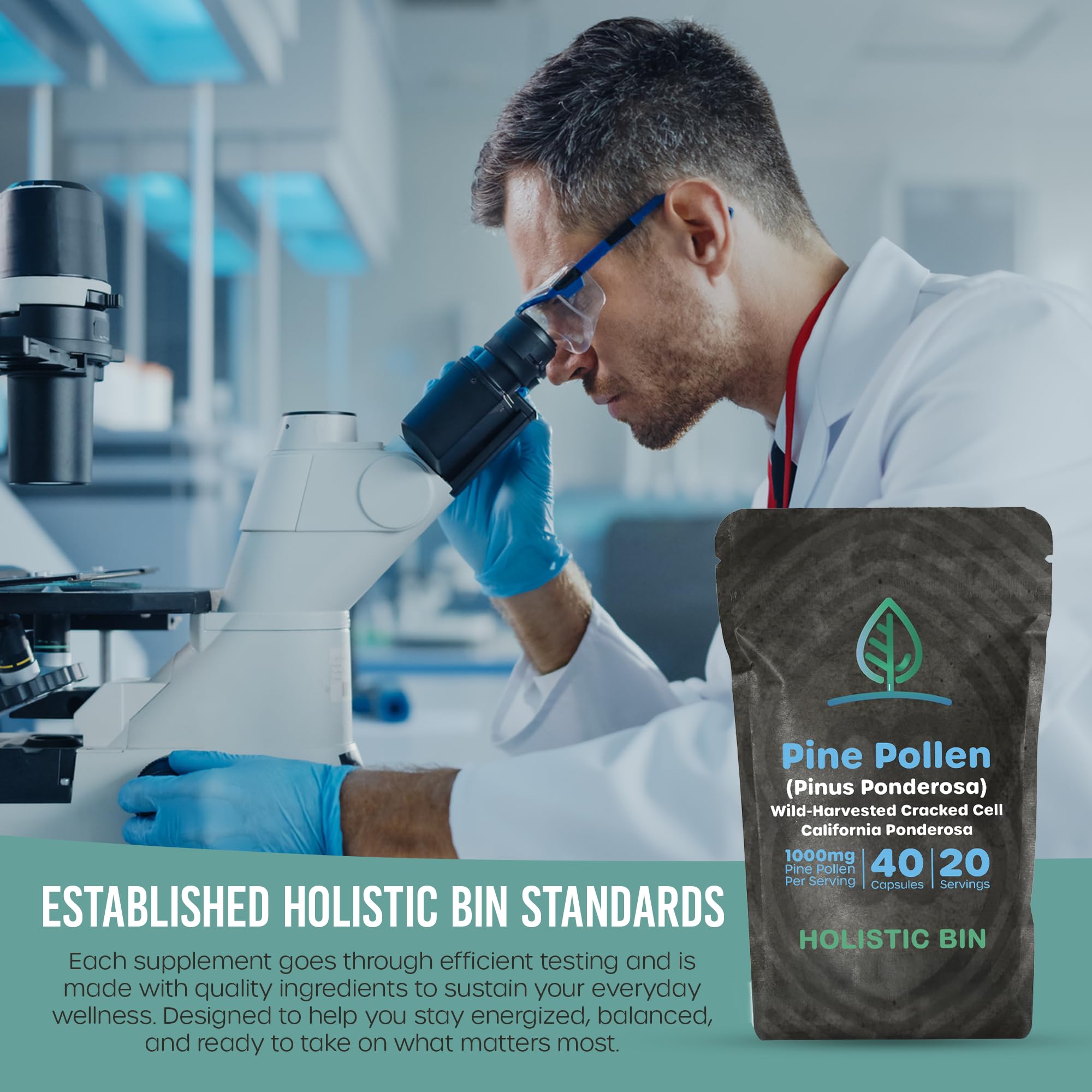 Holistic Bin Pine Pollen Capsules 500mg (Pinus Ponderosa) - Wild Harvested California Ponderosa Pine Pollen Powder - Olympic Grade - Organic, Non-GMO, No Fillers - 30 Day Supply (40 Capsules) - TrustMedUSA