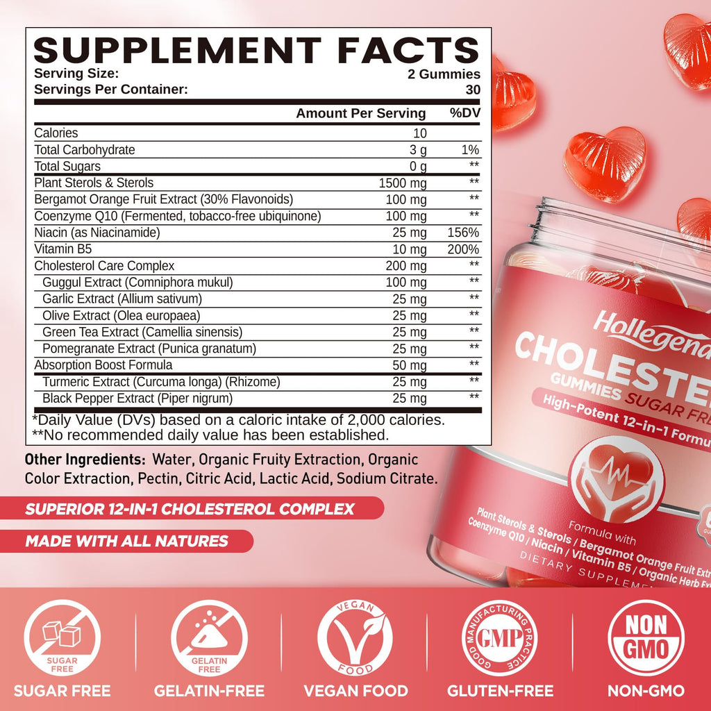 HOLLEGEND Cholesterol Gummies Sugar-Free,12-in-1 Cholesterol Supplements with Plant Sterols,Citrus Bergamot,CoQ10 and Vitamins for Cholesterol Health, Vegan, Mixed Berry Flavor, 60 Counts - TrustMedUSA