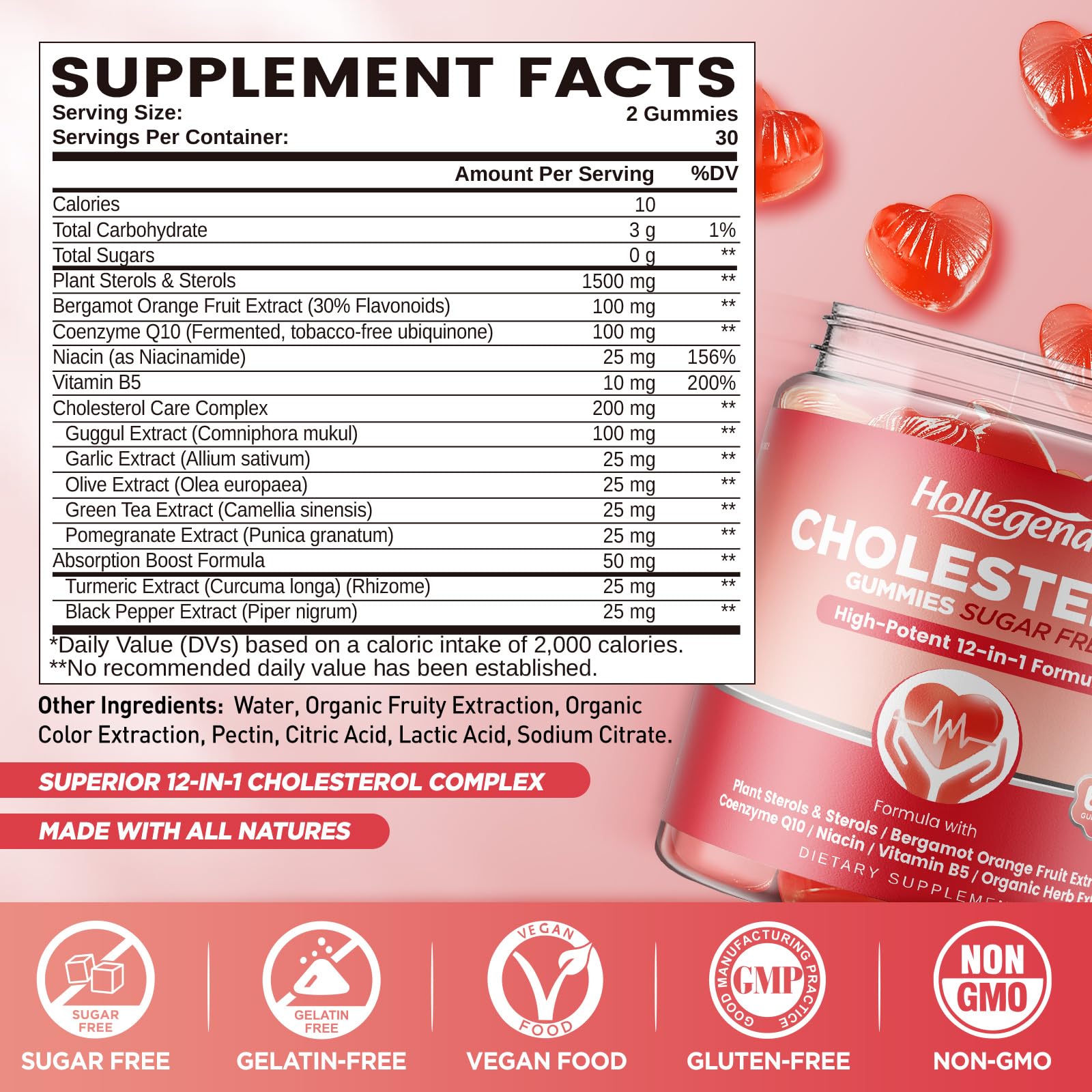 HOLLEGEND Cholesterol Gummies Sugar-Free,12-in-1 Cholesterol Supplements with Plant Sterols,Citrus Bergamot,CoQ10 and Vitamins for Cholesterol Health, Vegan, Mixed Berry Flavor, 60 Counts - TrustMedUSA