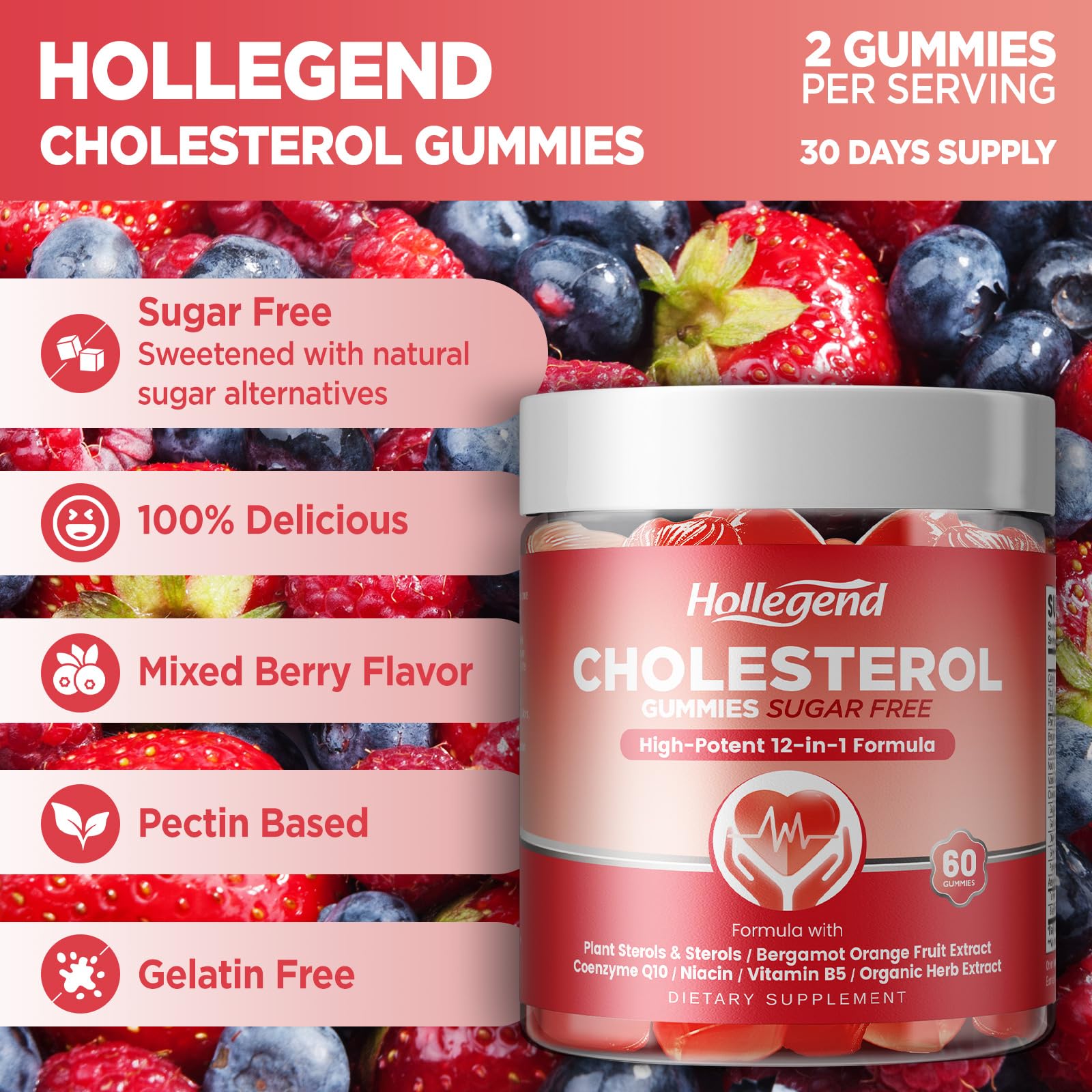 HOLLEGEND Cholesterol Supplements Gummies Sugar Free, 1500mg Plant Sterols for Cholesterol Health, Plus Citrus Bergamot, CoQ10 & Vitamins for Heart Health, Vegan, Mixed Berry Flavor, 60 Chewables - TrustMedUSA