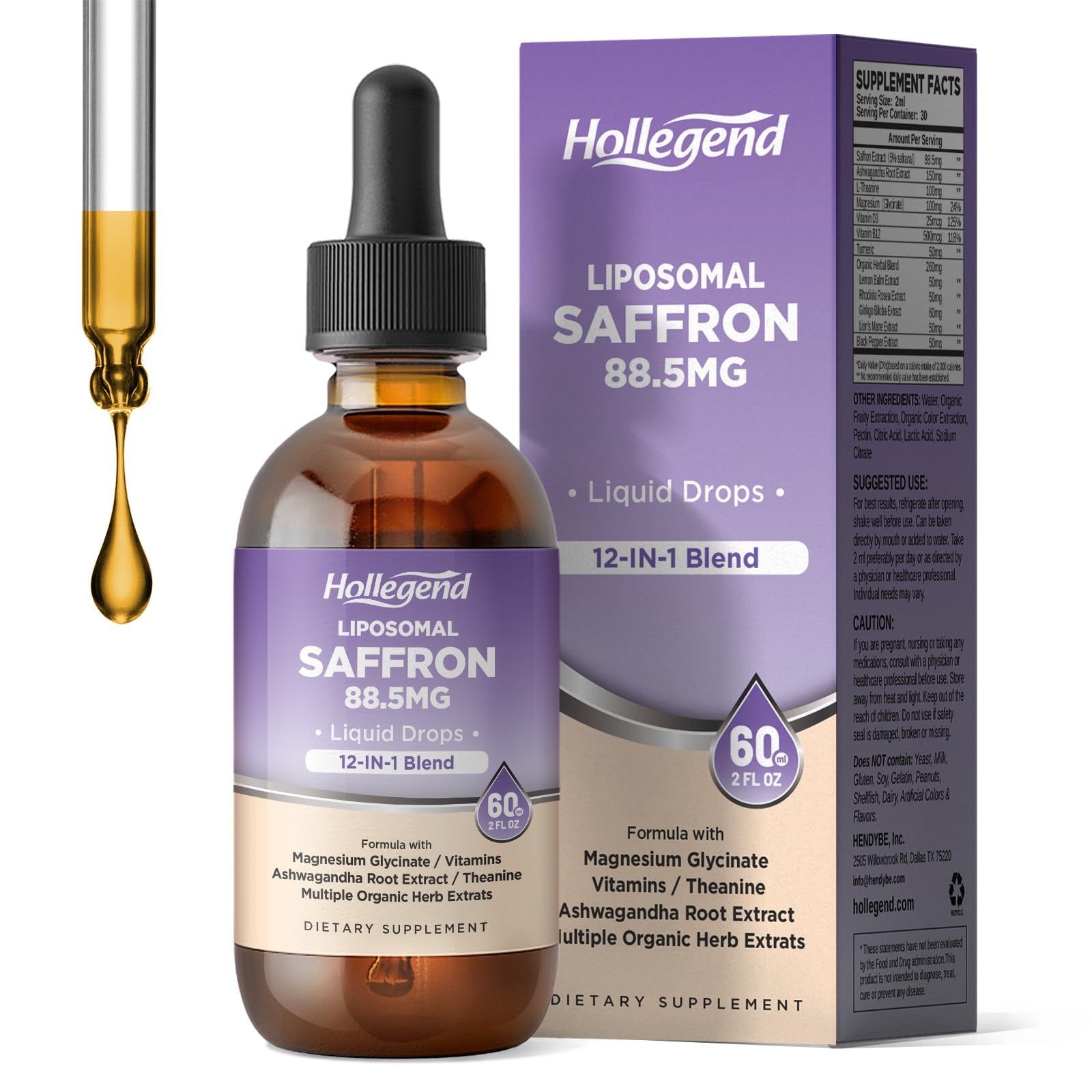 HOLLEGEND Liposomal Saffron Drops for Kids & Adults, Organic Saffron Supplement w/Magnesium, L-Theanine and Vitamins for Stress, Focus, Vision and Energy Support, Vegan, Natural Lemon Flavor, 2 FL OZ - TrustMedUSA