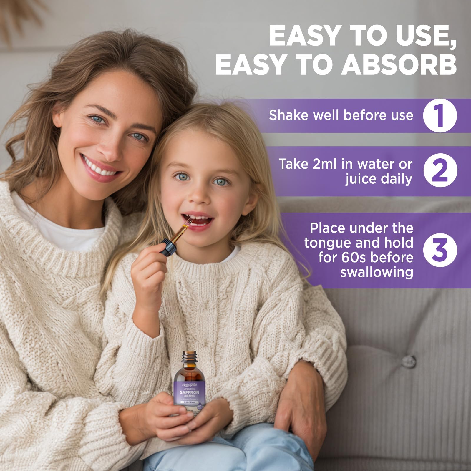 HOLLEGEND Liposomal Saffron Drops for Kids & Adults, Organic Saffron Supplement w/Magnesium, L-Theanine and Vitamins for Stress, Focus, Vision and Energy Support, Vegan, Natural Lemon Flavor, 2 FL OZ - TrustMedUSA