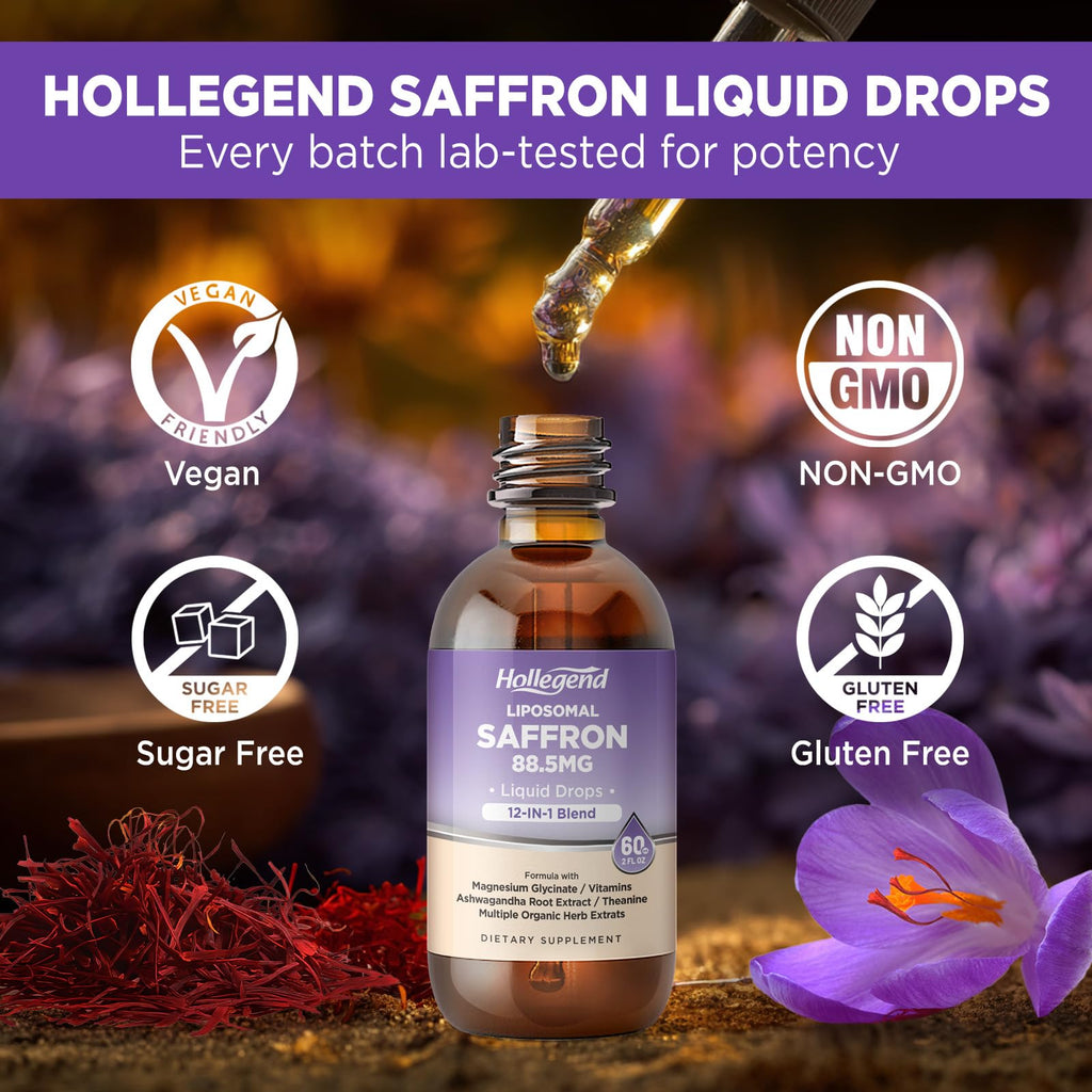 HOLLEGEND Liposomal Saffron Drops for Kids & Adults, Organic Saffron Supplement w/Magnesium, L-Theanine and Vitamins for Stress, Focus, Vision and Energy Support, Vegan, Natural Lemon Flavor, 2 FL OZ - TrustMedUSA