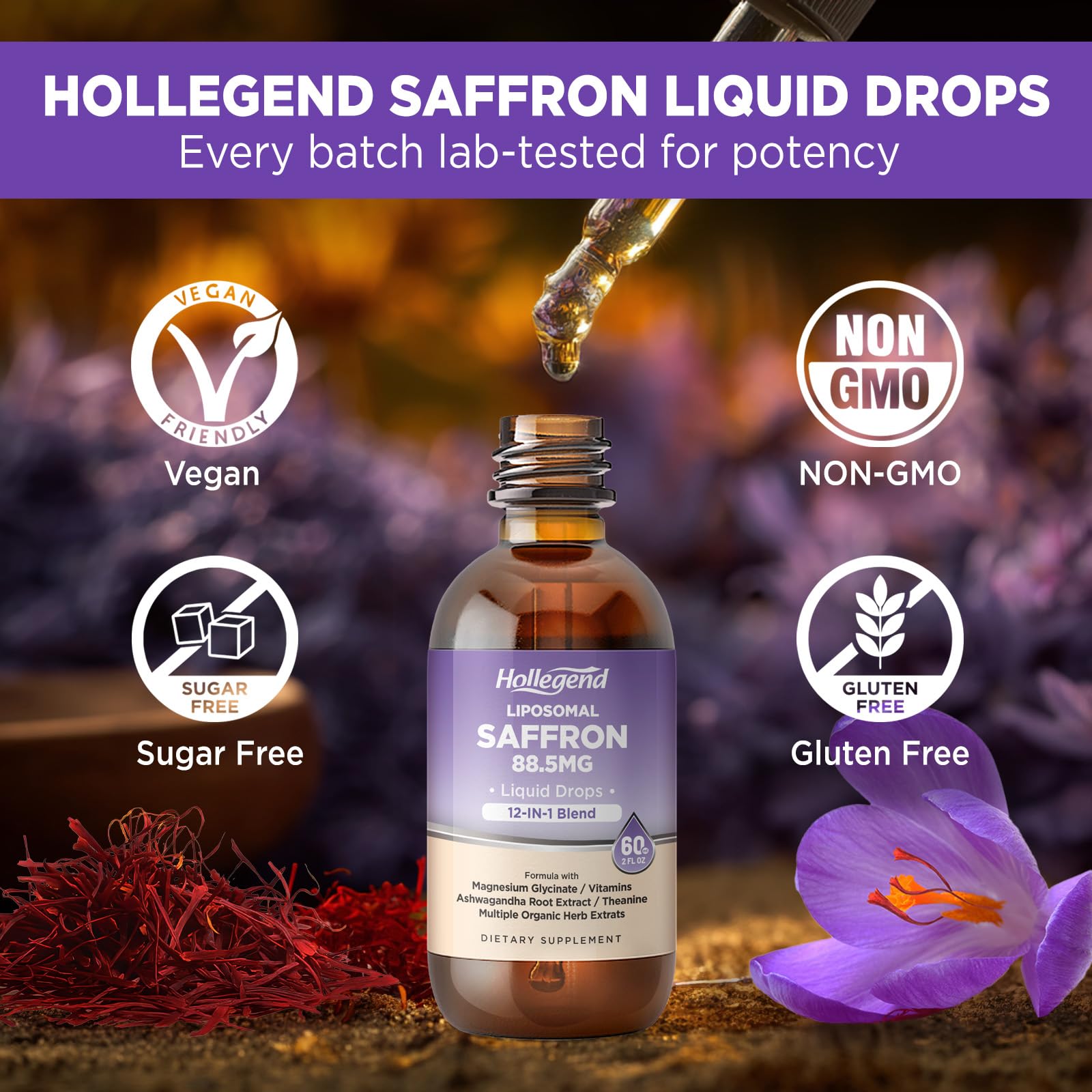 HOLLEGEND Liposomal Saffron Drops for Kids & Adults, Organic Saffron Supplement w/Magnesium, L-Theanine and Vitamins for Stress, Focus, Vision and Energy Support, Vegan, Natural Lemon Flavor, 2 FL OZ - TrustMedUSA