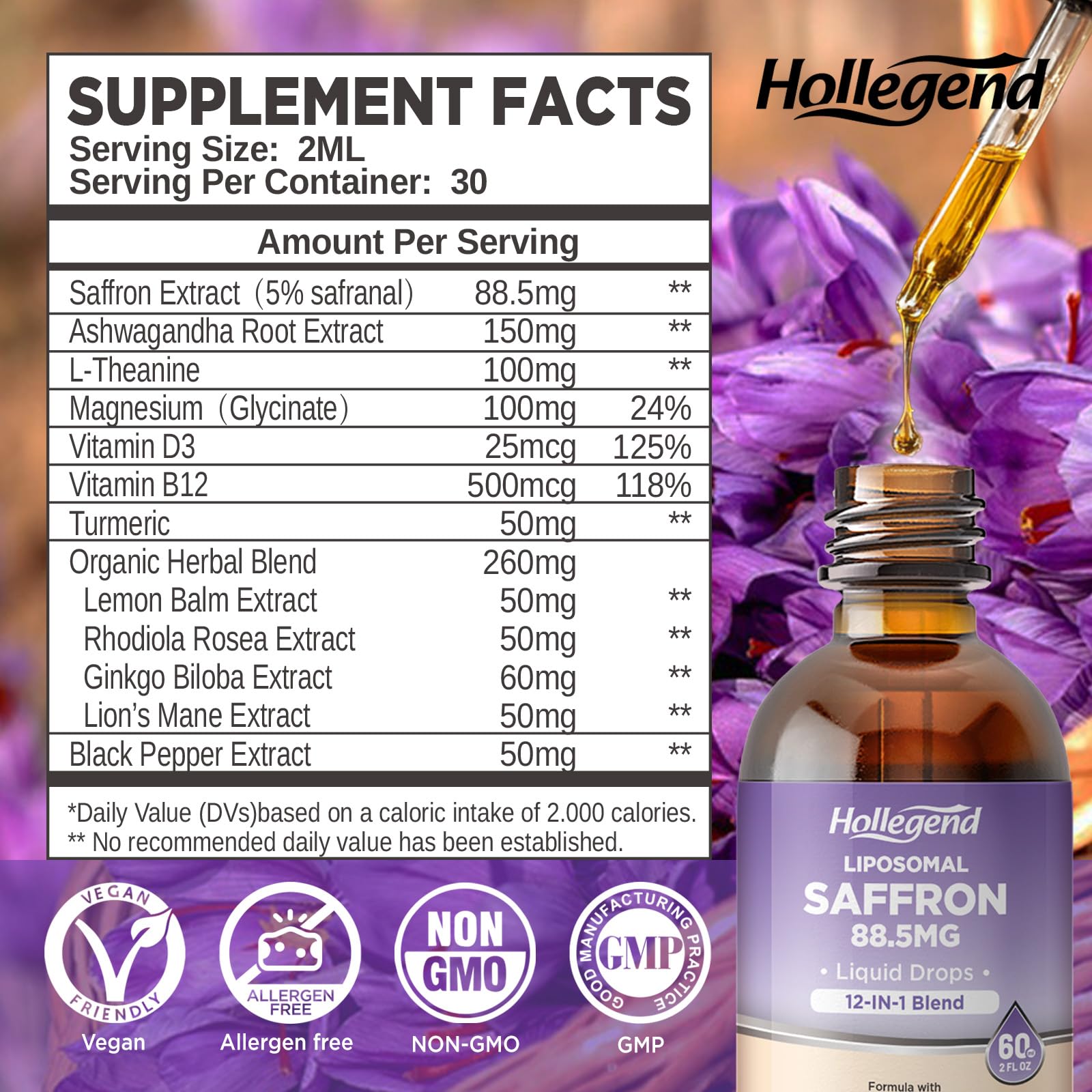 HOLLEGEND Liposomal Saffron Drops for Kids & Adults, Organic Saffron Supplement w/Magnesium, L-Theanine and Vitamins for Stress, Focus, Vision and Energy Support, Vegan, Natural Lemon Flavor, 2 FL OZ - TrustMedUSA