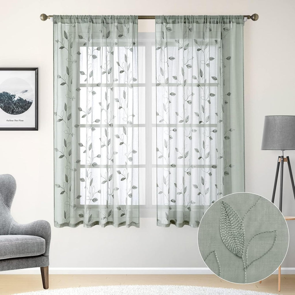 HOMEIDEAS Sage Green Sheer Curtains 52 X 63 Inches Length 2 Panels Embroidered Leaf Pattern Pocket Faux Linen Floral Semi Sheer Voile Window Curtains/Drapes for Bedroom Living Room - Maple Wellness Supplements