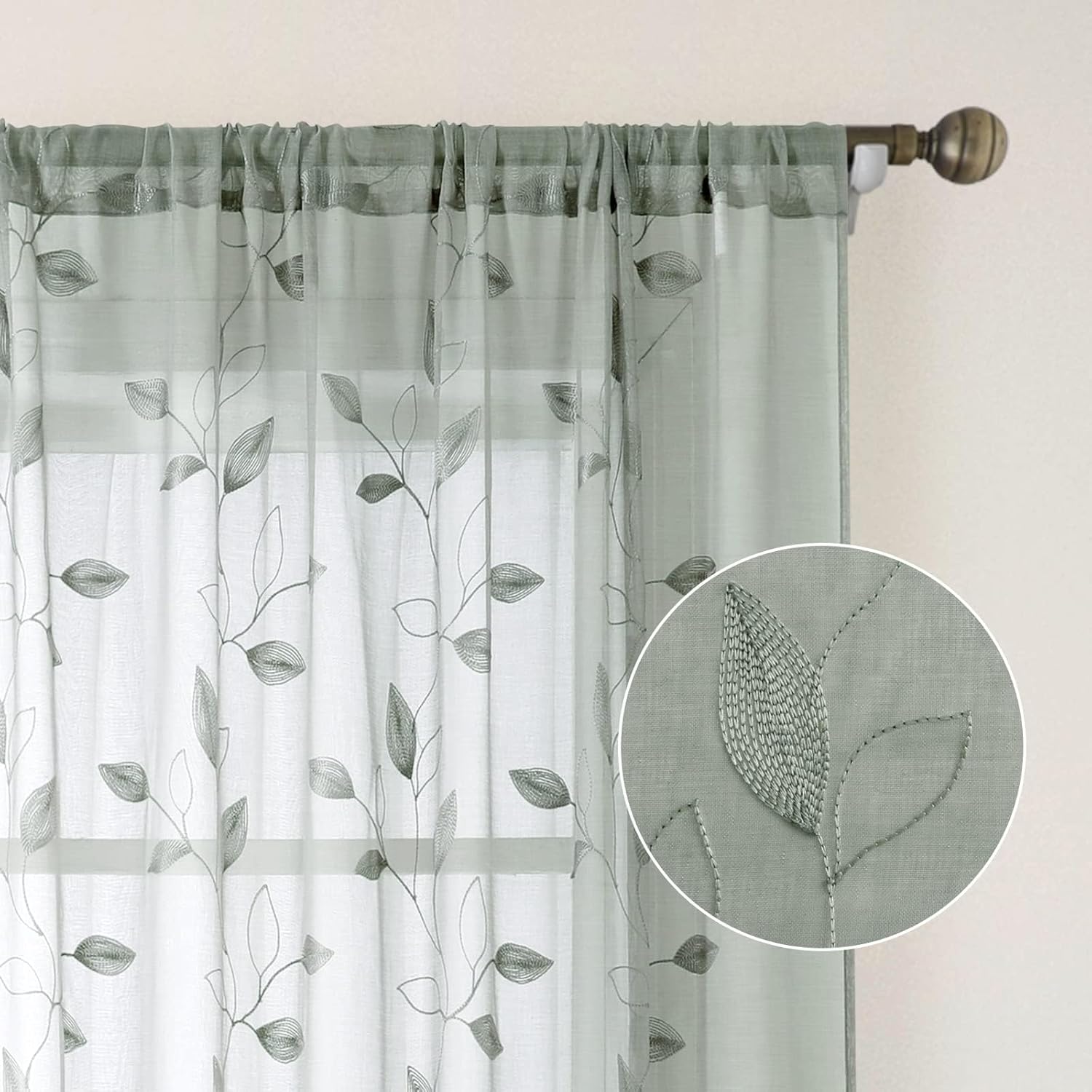 HOMEIDEAS Sage Green Sheer Curtains 52 X 63 Inches Length 2 Panels Embroidered Leaf Pattern Pocket Faux Linen Floral Semi Sheer Voile Window Curtains/Drapes for Bedroom Living Room - Maple Wellness Supplements