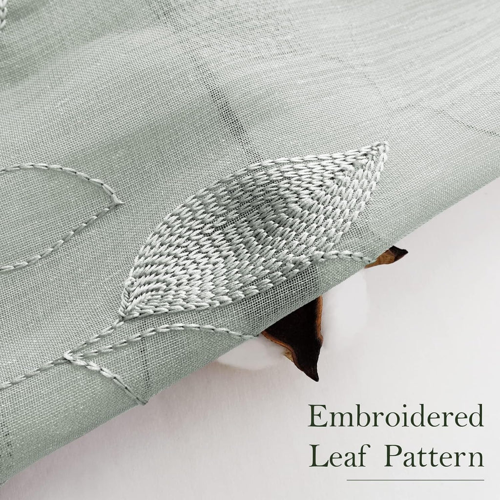 HOMEIDEAS Sage Green Sheer Curtains 52 X 63 Inches Length 2 Panels Embroidered Leaf Pattern Pocket Faux Linen Floral Semi Sheer Voile Window Curtains/Drapes for Bedroom Living Room - Maple Wellness Supplements
